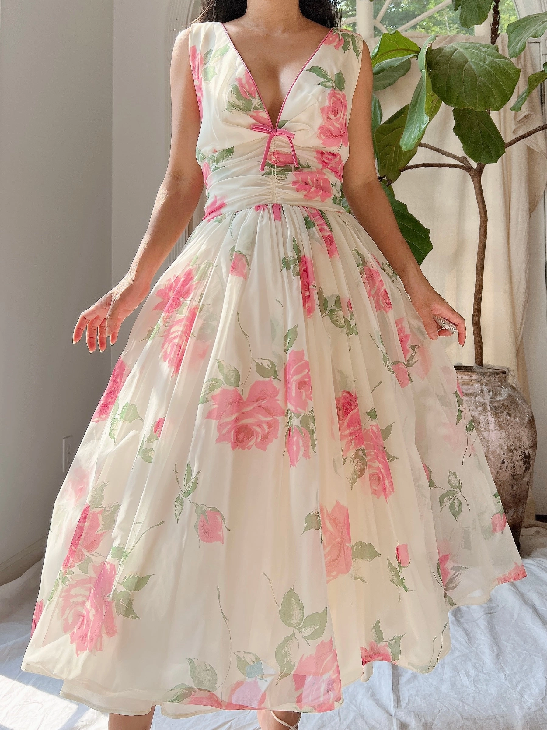1950s Rose Print Dress - S