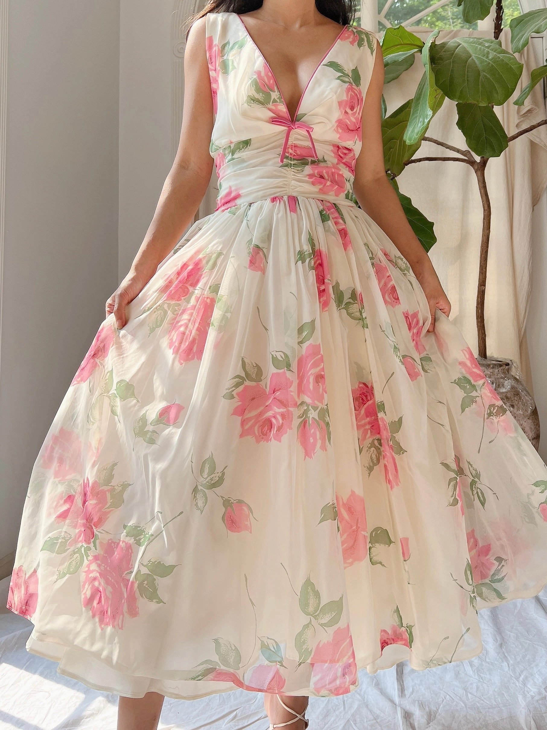 1950s Rose Print Dress - S