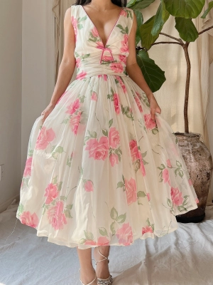 1950s Rose Print Dress - S