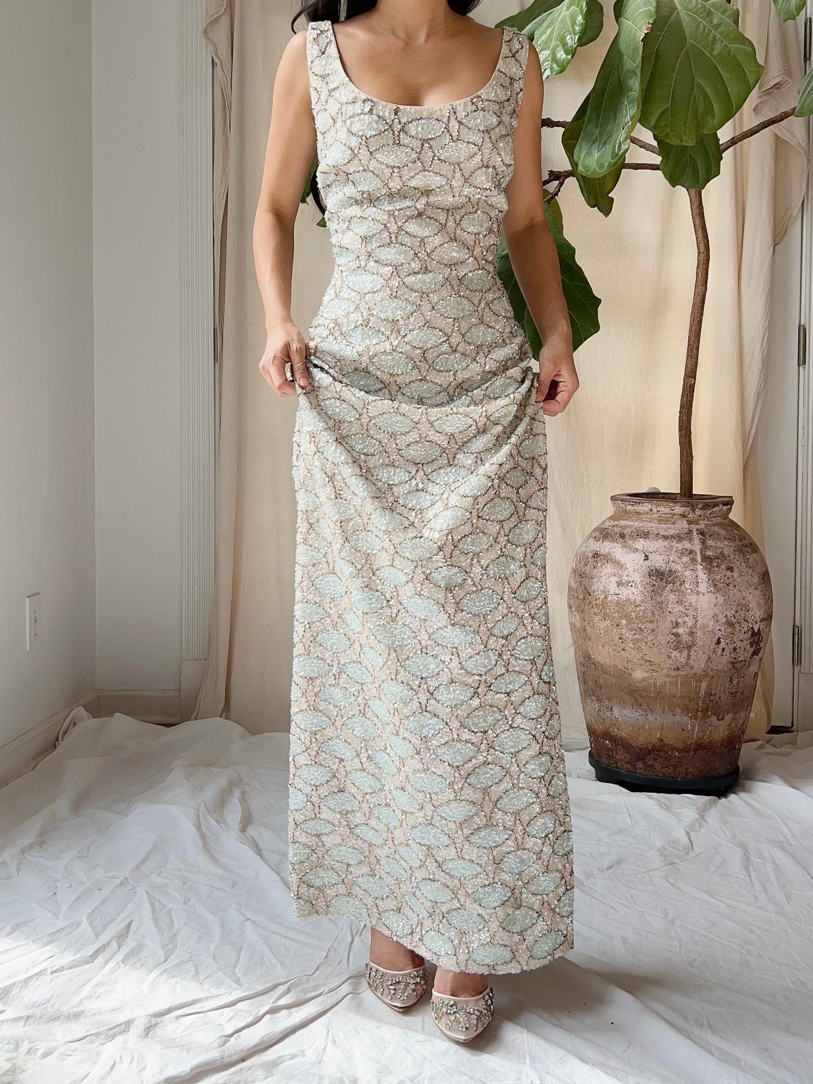 1960s Bruce Arnold Hand-Beaded Sequins Gown - M