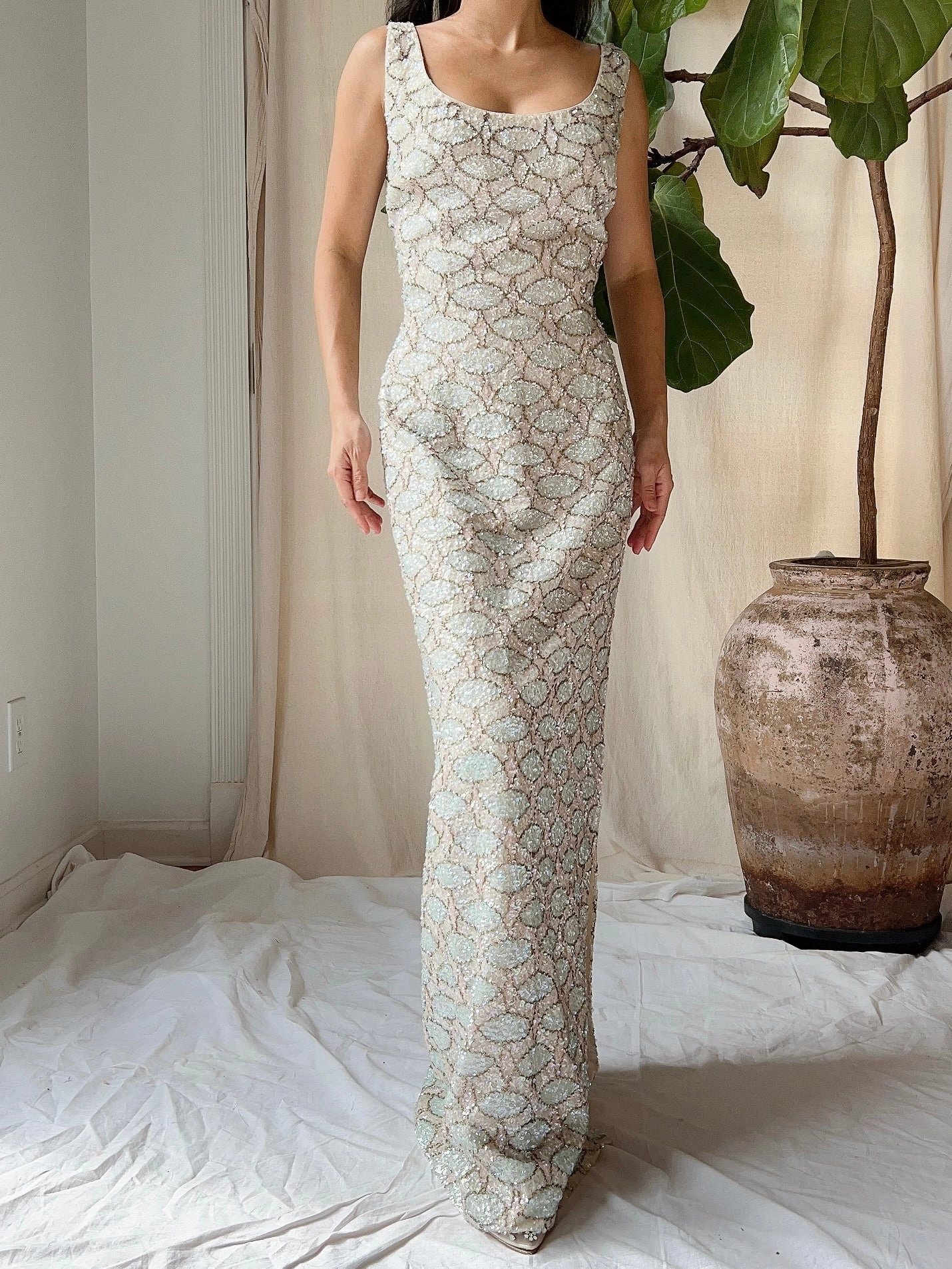 1960s Bruce Arnold Hand-Beaded Sequins Gown - M