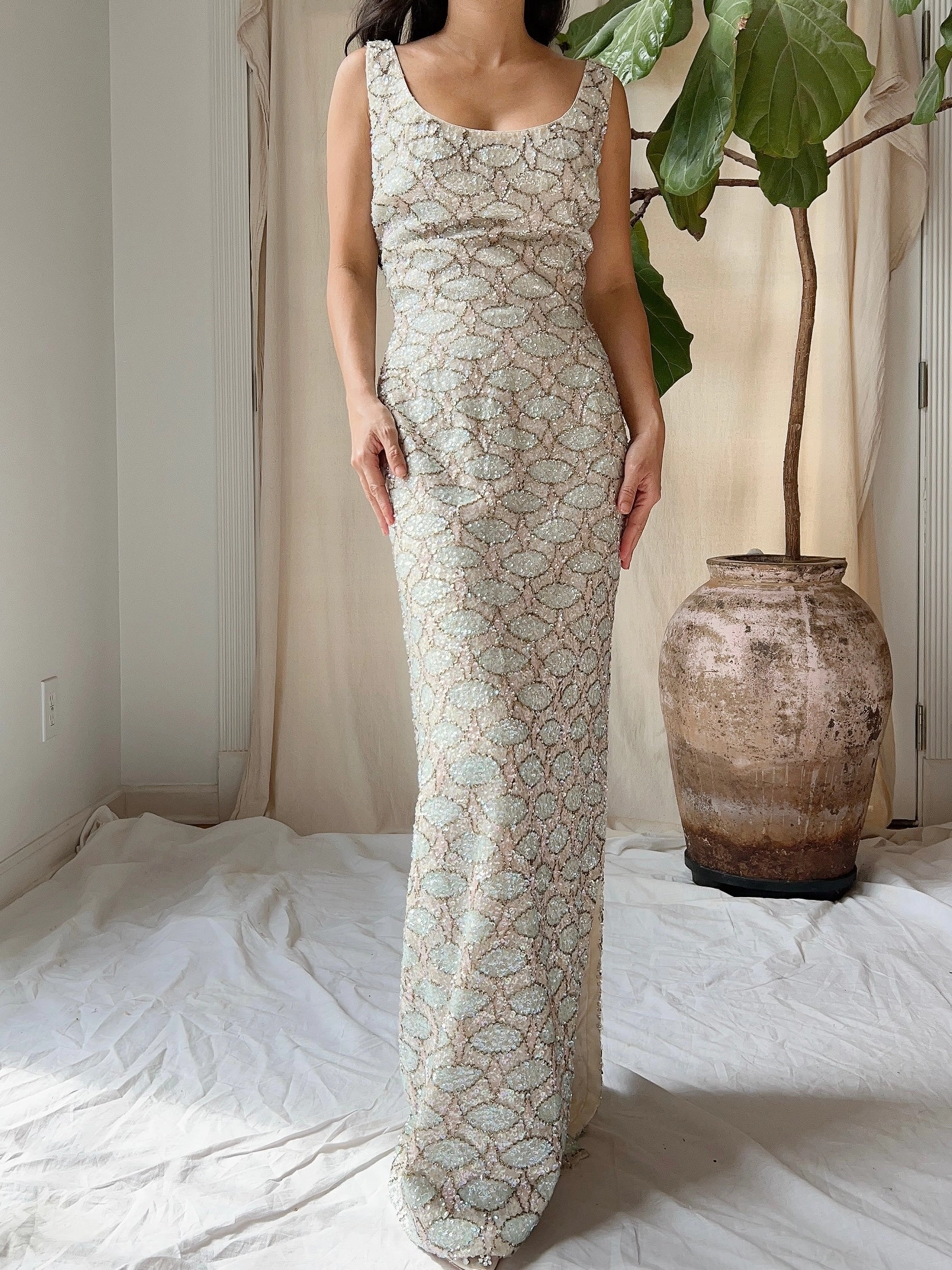 1960s Bruce Arnold Hand-Beaded Sequins Gown - M