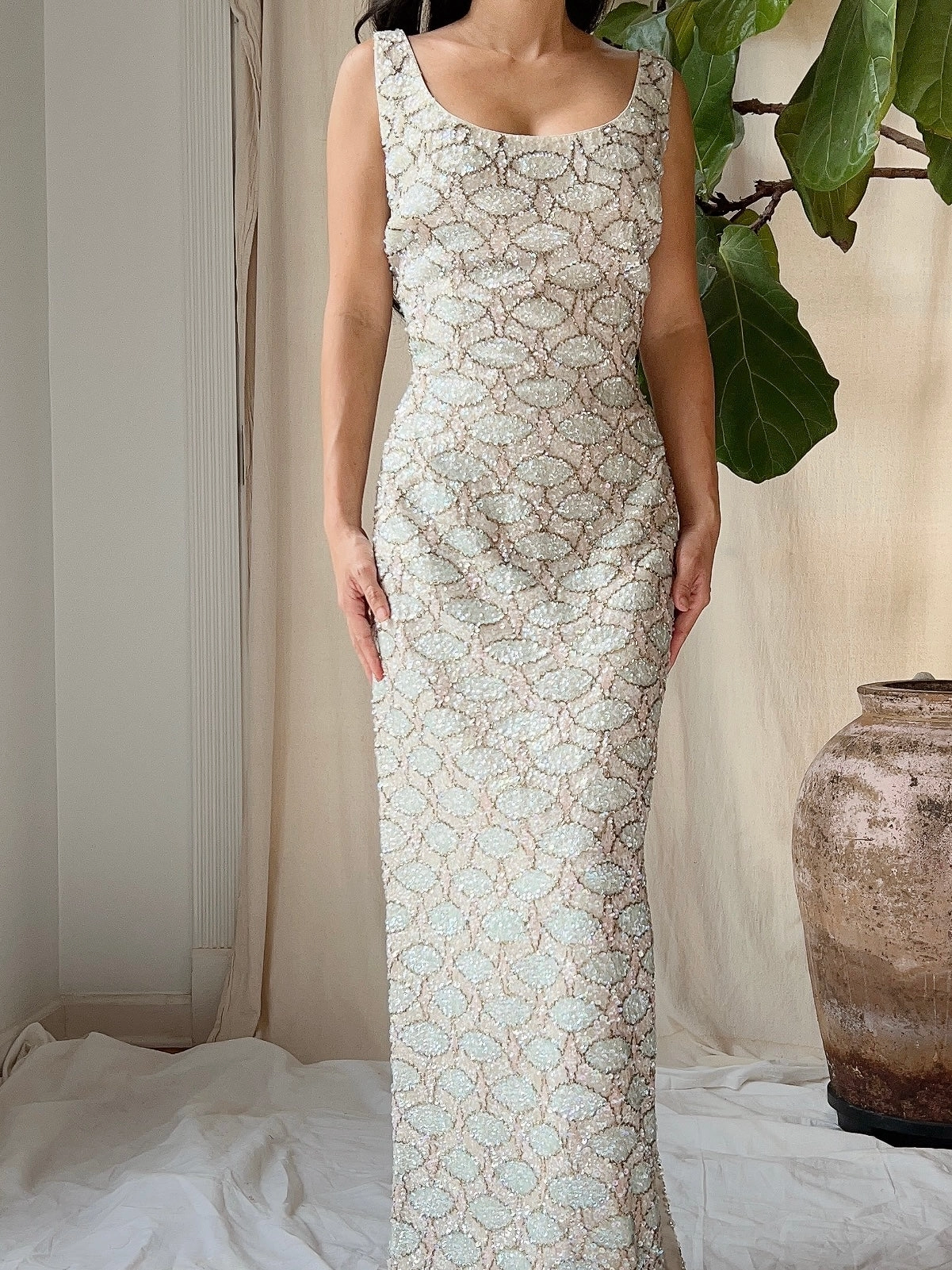1960s Bruce Arnold Hand-Beaded Sequins Gown - M