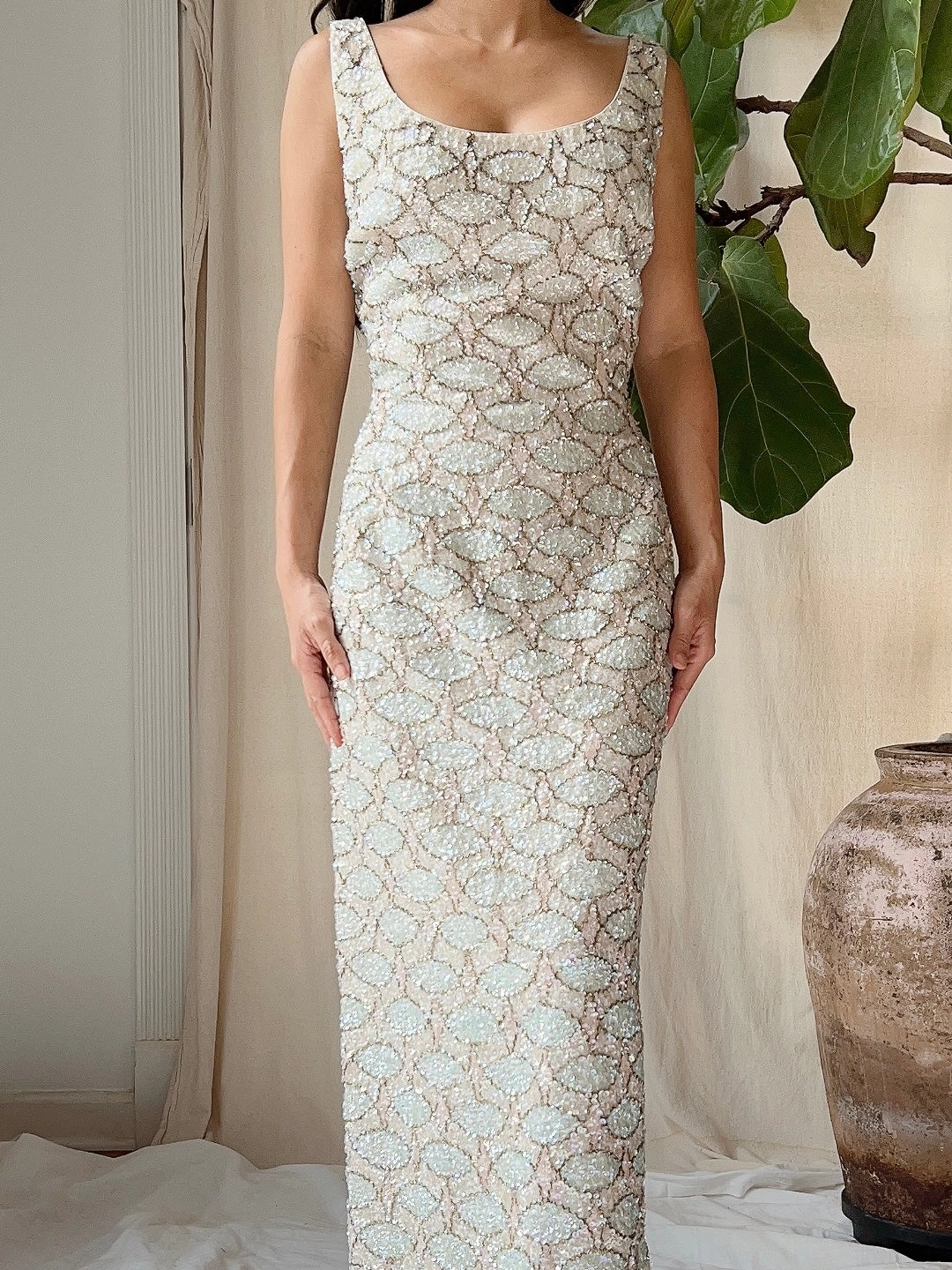 1960s Bruce Arnold Hand-Beaded Sequins Gown - M