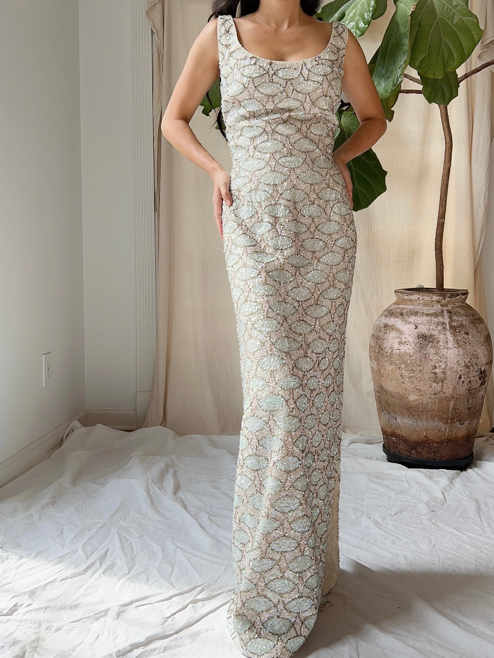 1960s Bruce Arnold Hand-Beaded Sequins Gown - M