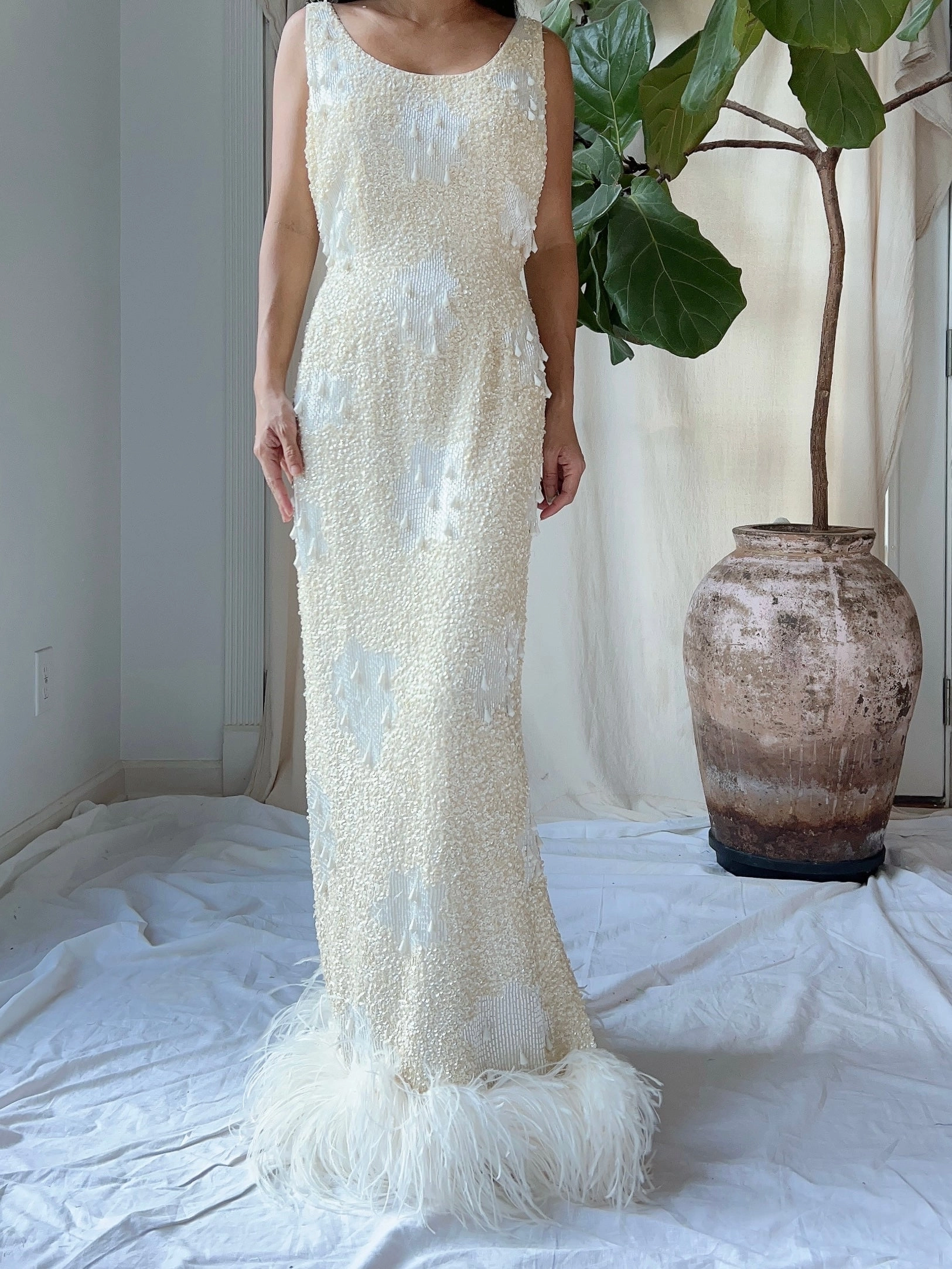 1960S Sequins Feather Gown - S/M