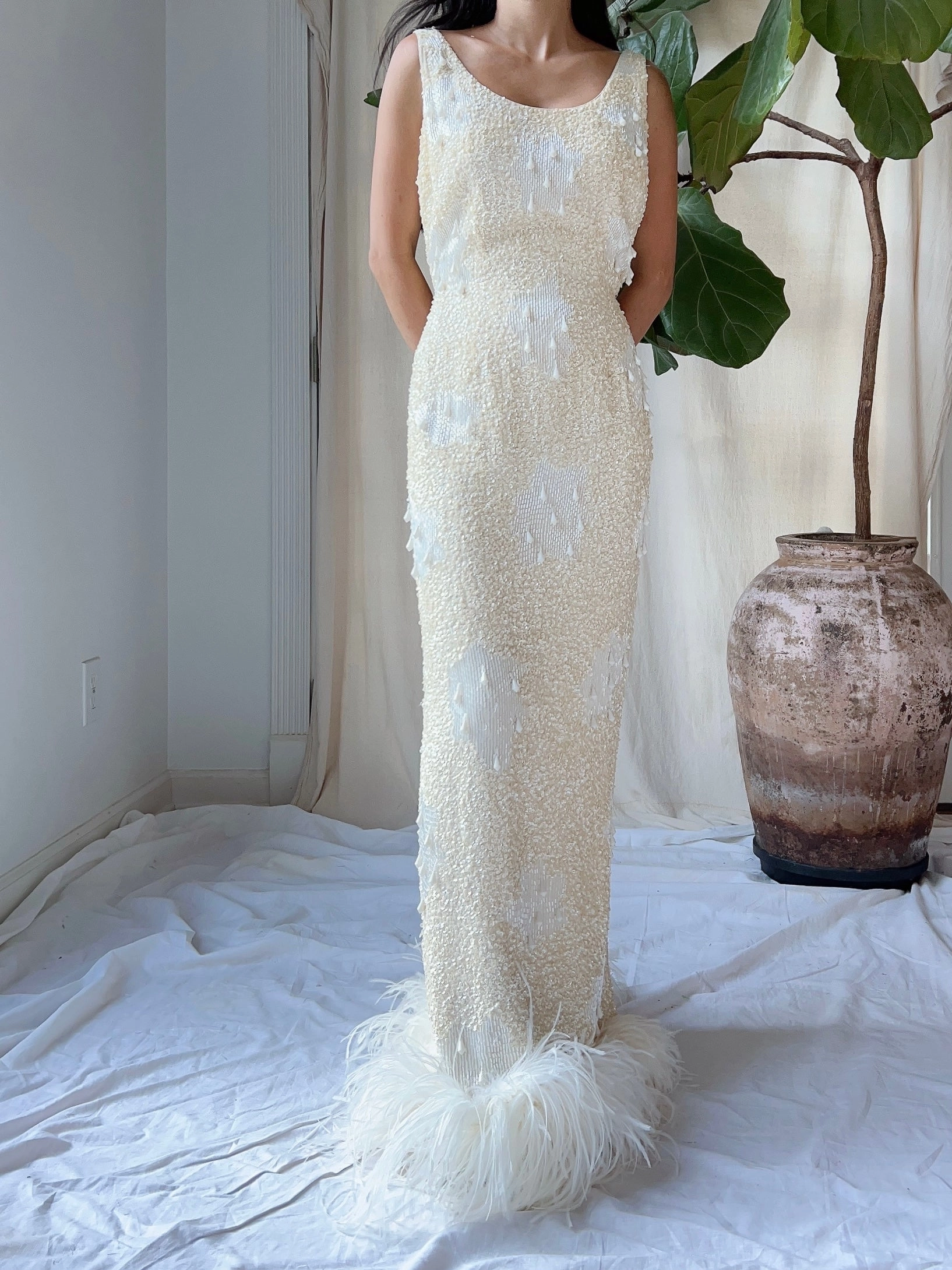 1960S Sequins Feather Gown - S/M