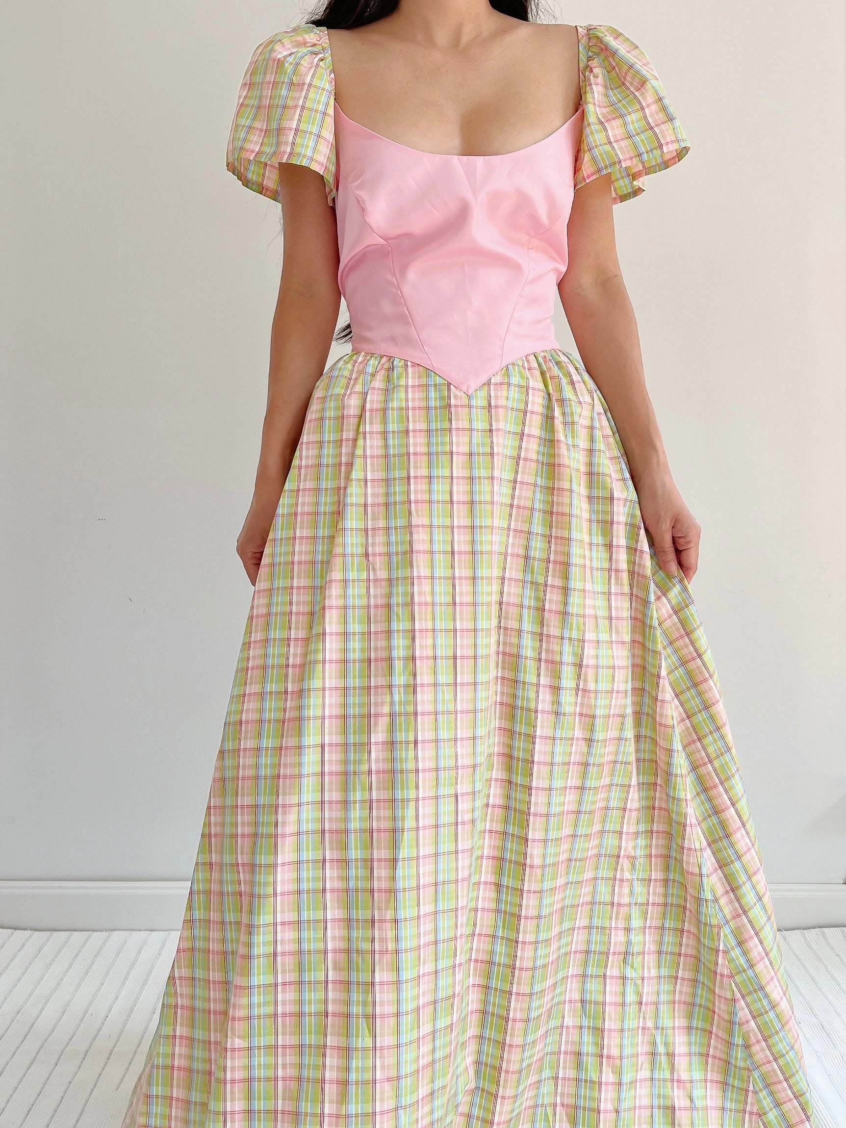 1970s Vintage Plaid Taffeta Dress - M