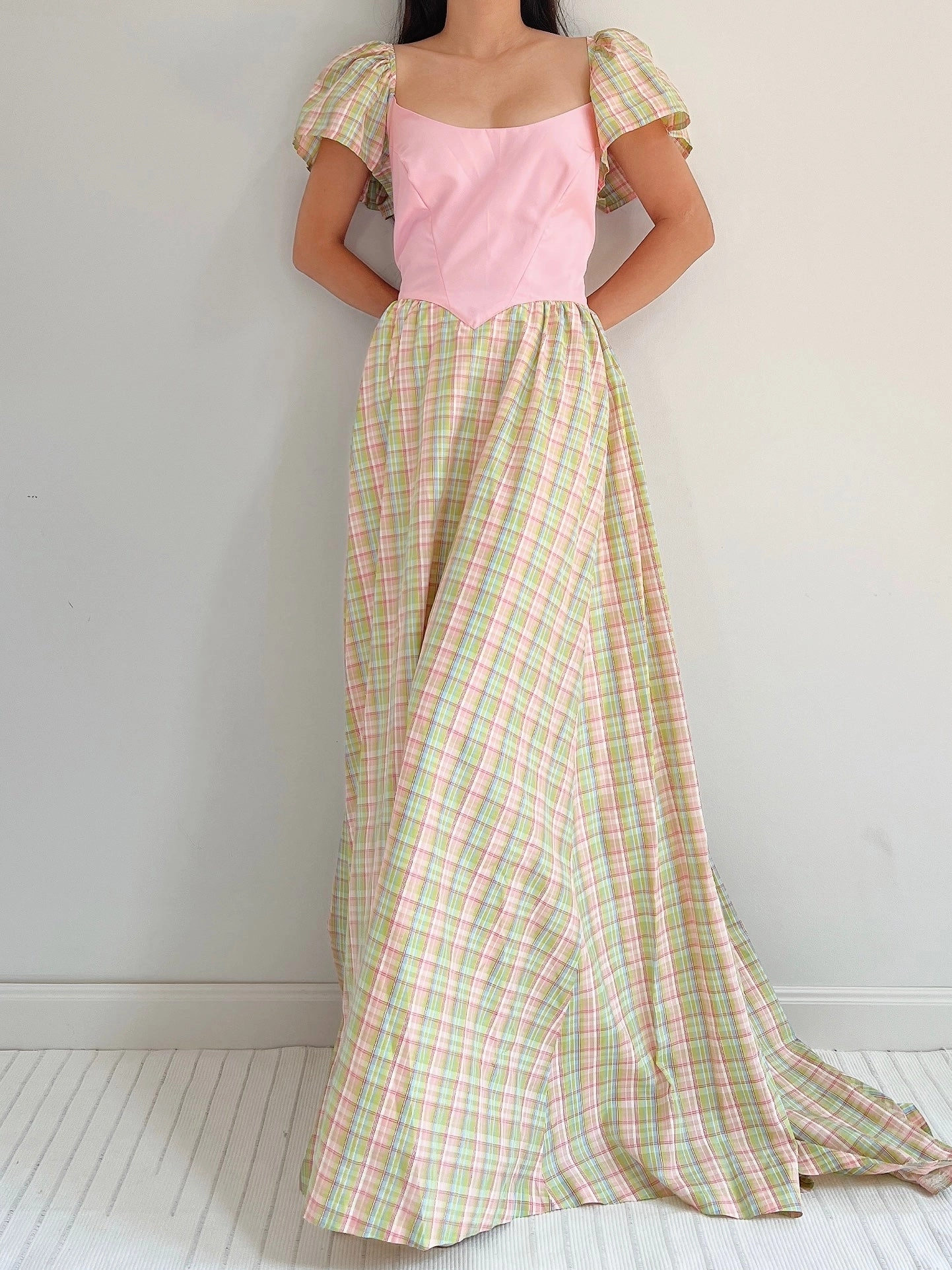 1970s Vintage Plaid Taffeta Dress - M