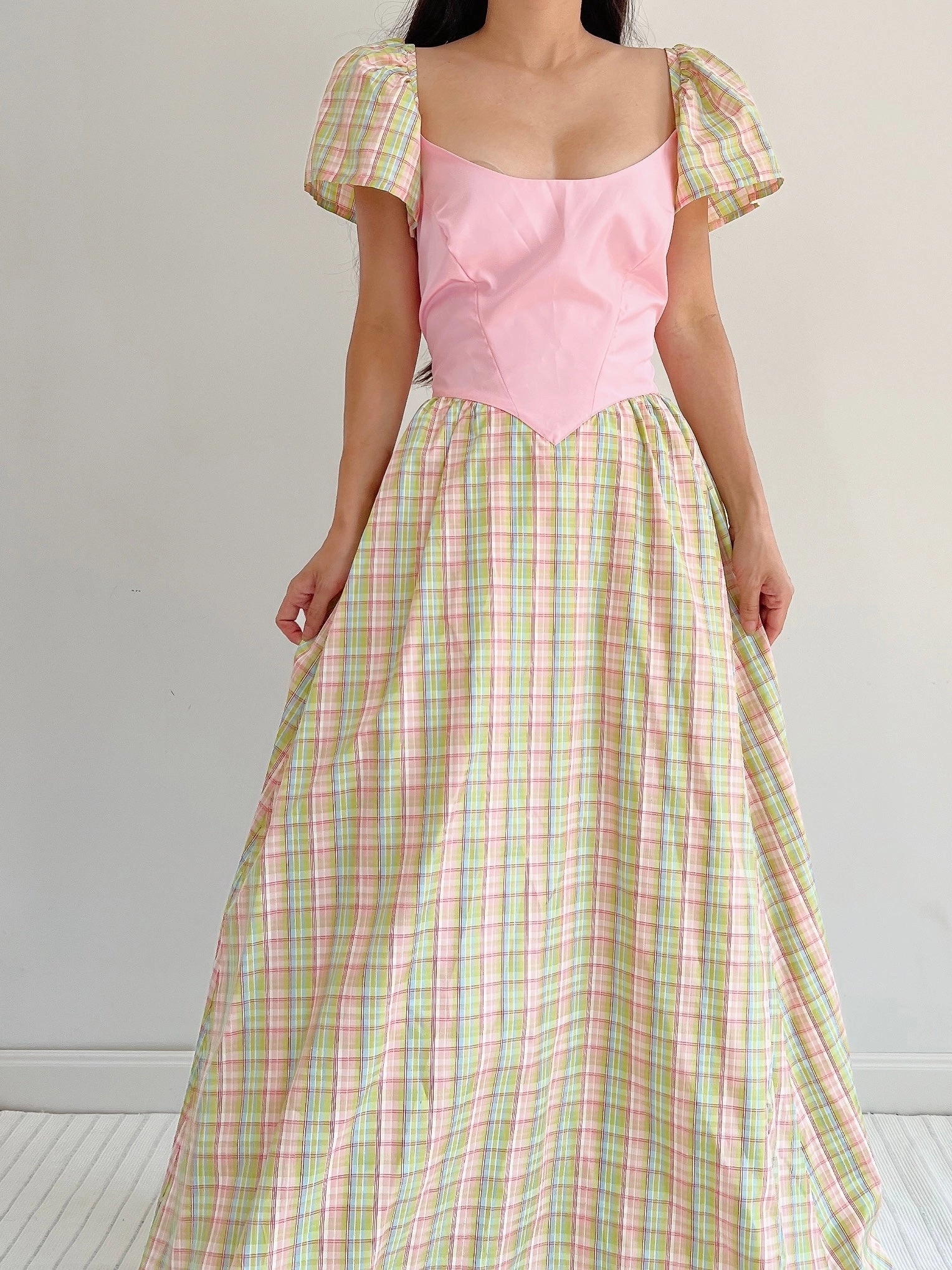 1970s Vintage Plaid Taffeta Dress - M