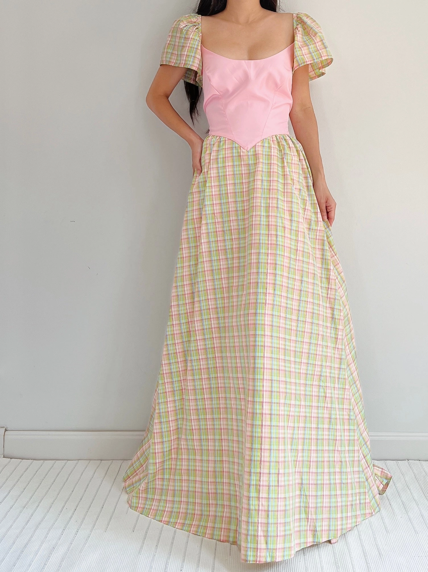 1970s Vintage Plaid Taffeta Dress - M