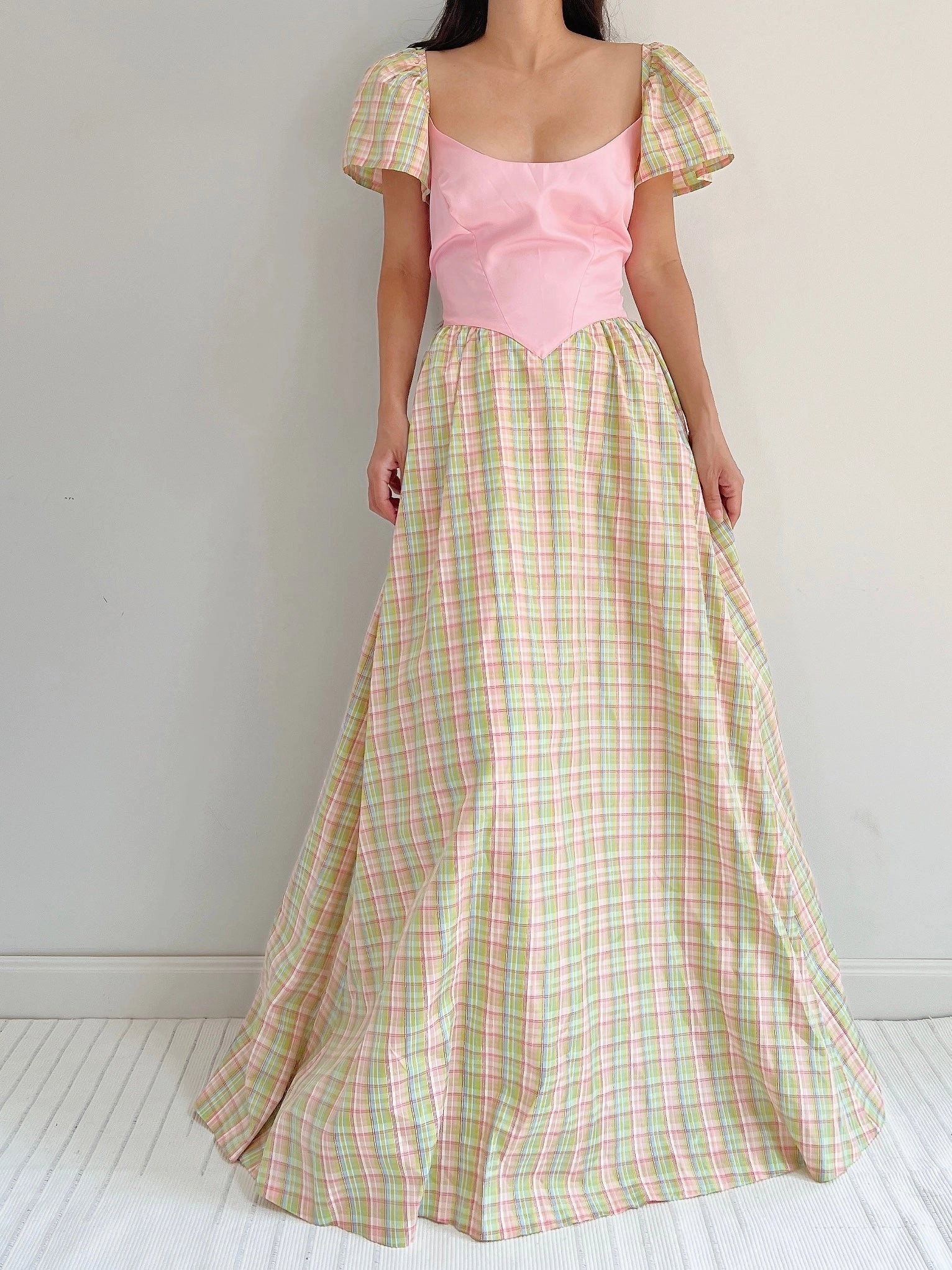 1970s Vintage Plaid Taffeta Dress - M