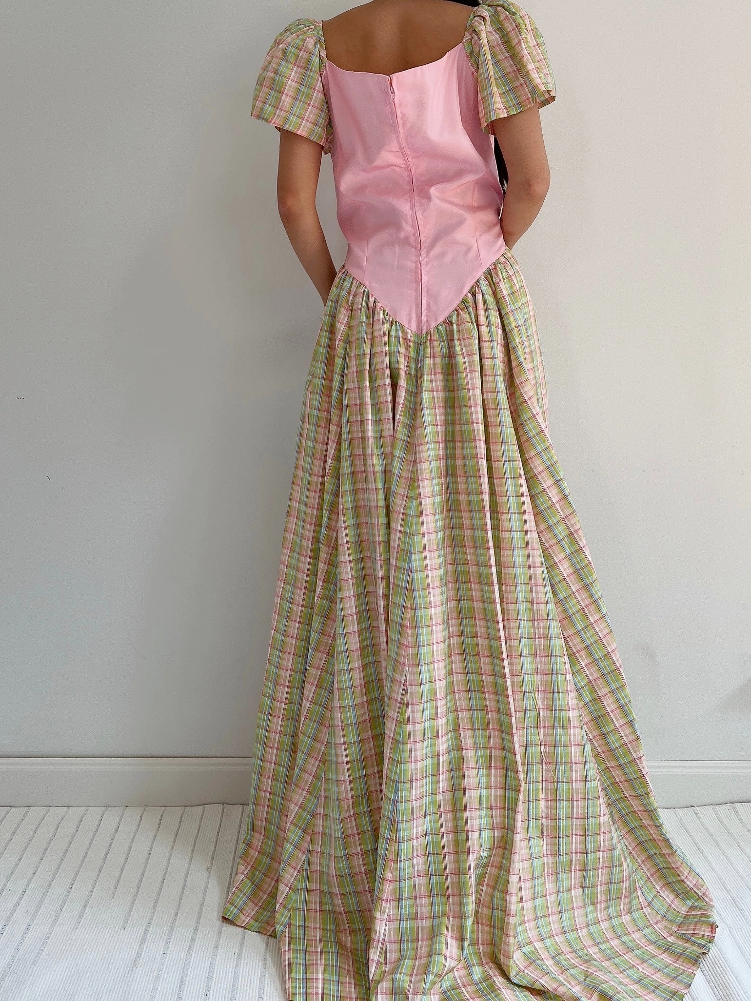 1970s Vintage Plaid Taffeta Dress - M