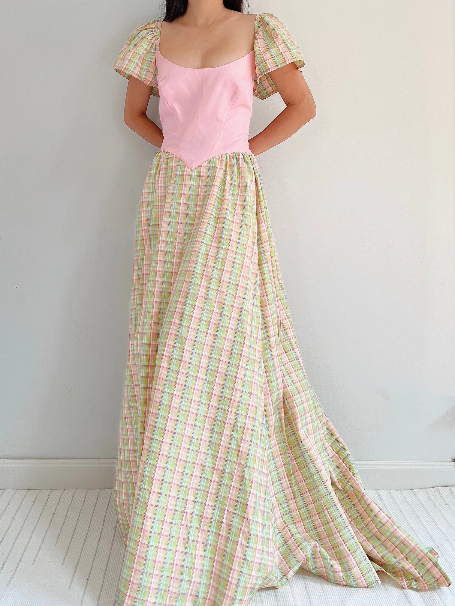 1970s Vintage Plaid Taffeta Dress - M