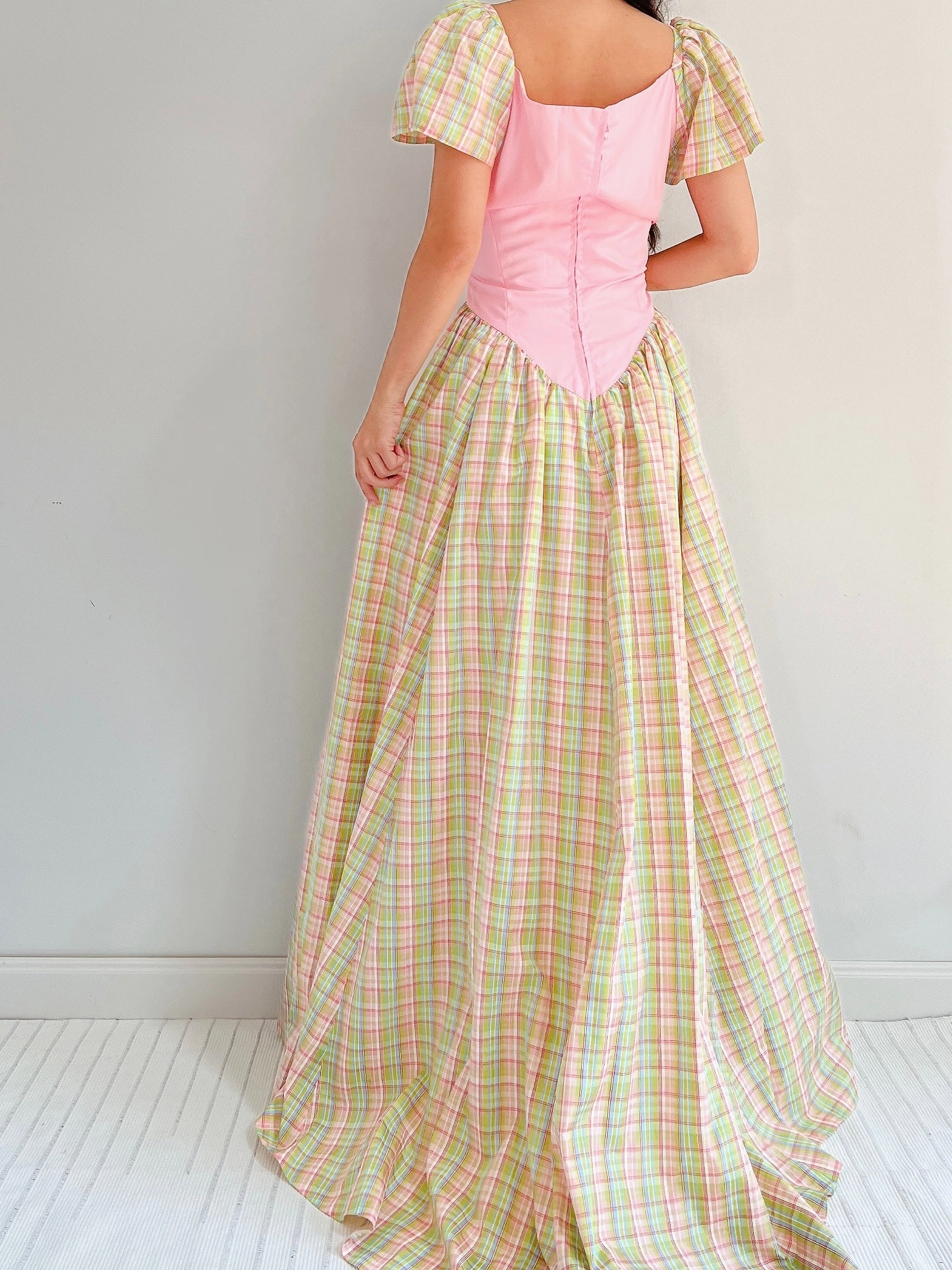 1970s Vintage Plaid Taffeta Dress - M