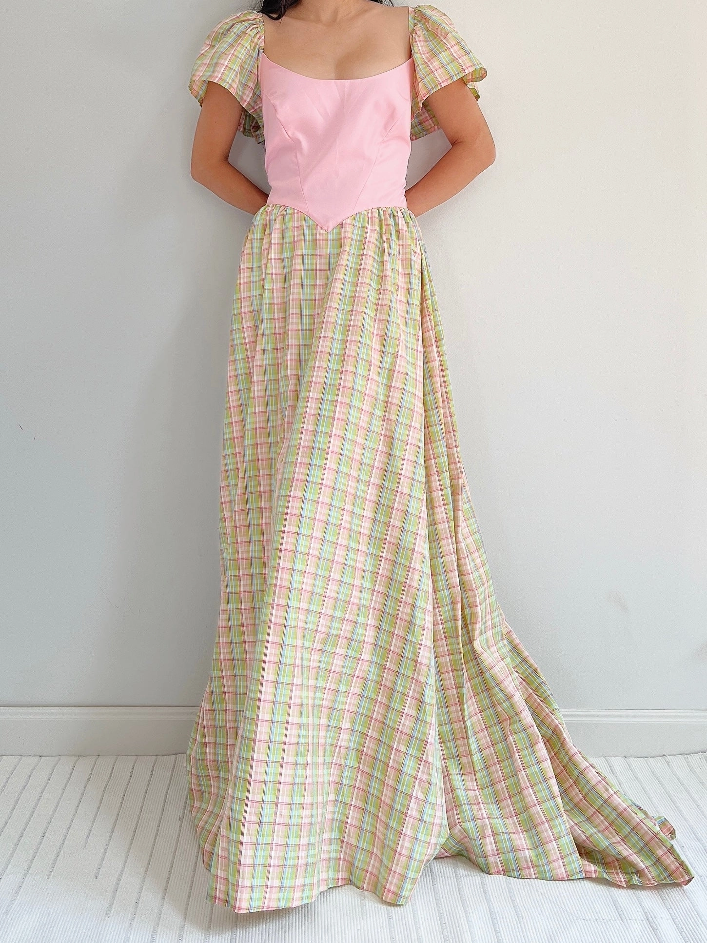 1970s Vintage Plaid Taffeta Dress - M