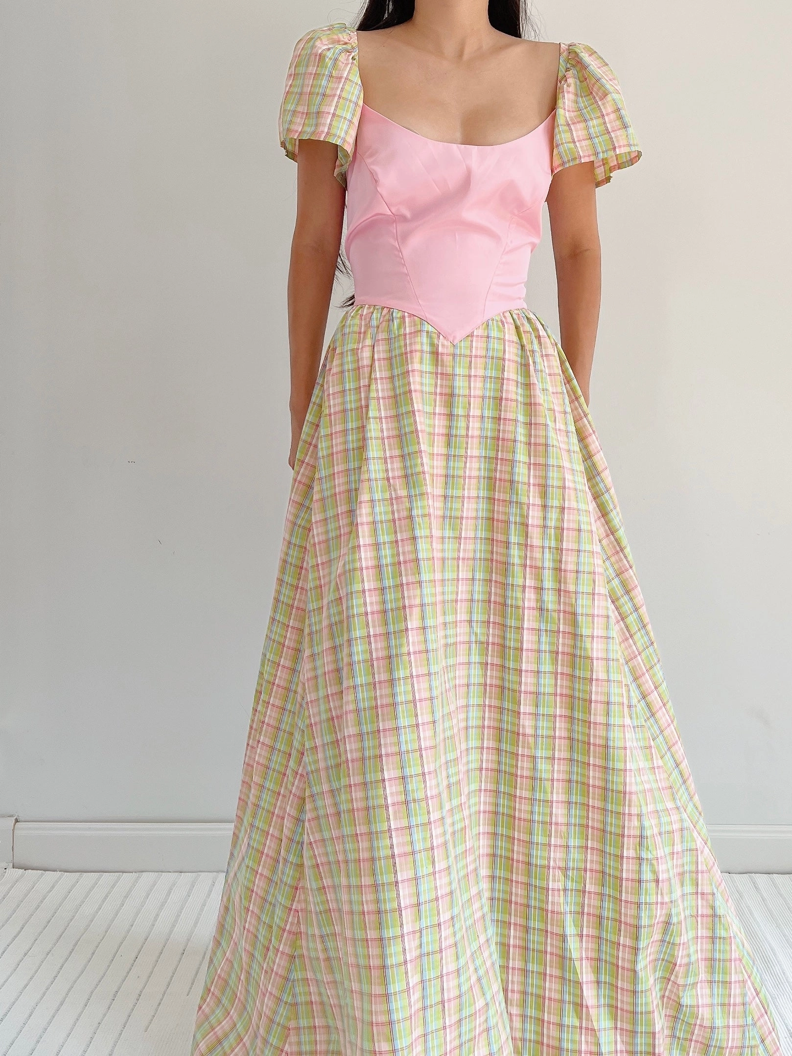 1970s Vintage Plaid Taffeta Dress - M