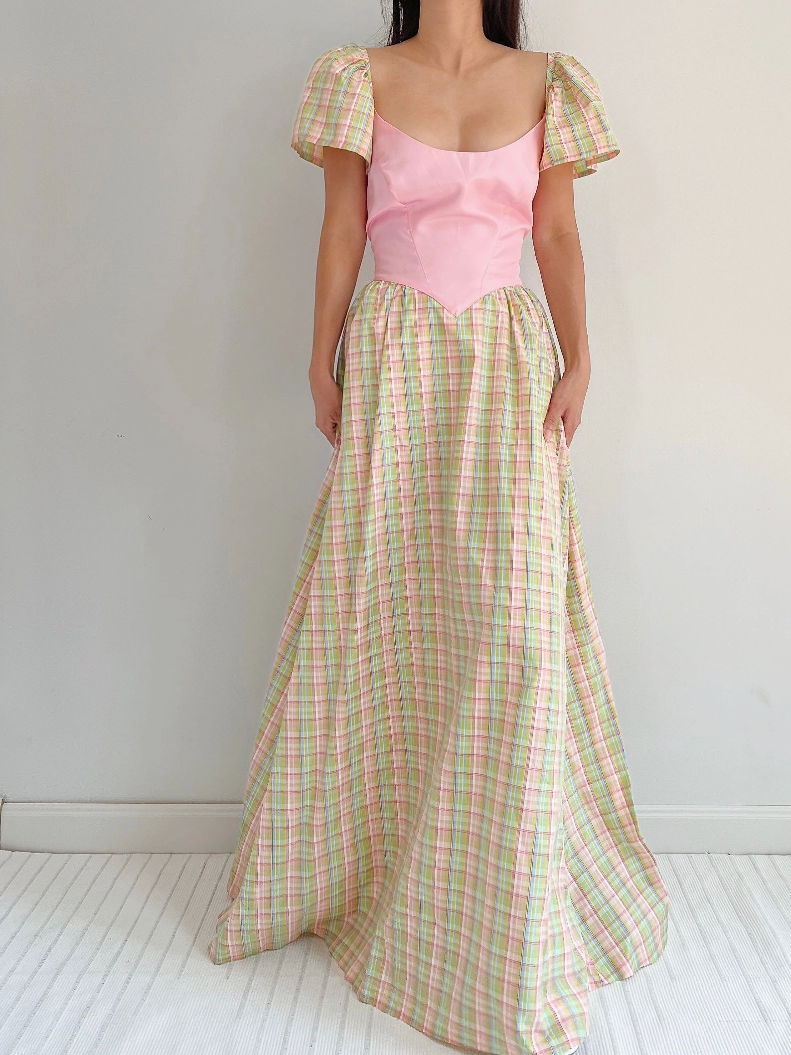 1970s Vintage Plaid Taffeta Dress - M