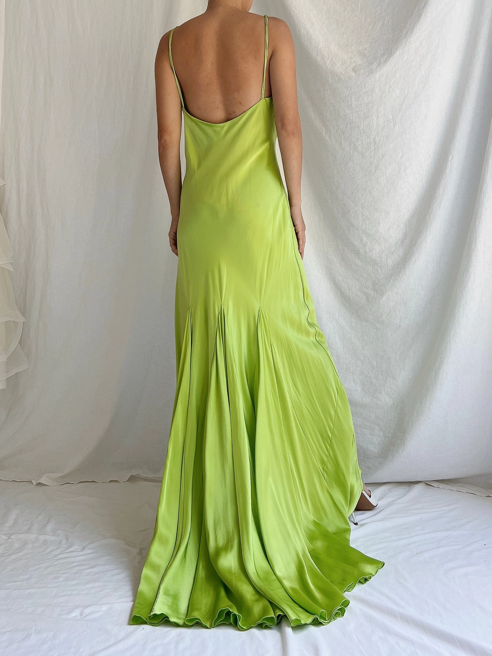 1990s Silk Chartreuse Asymmetrical Hem Gown - S