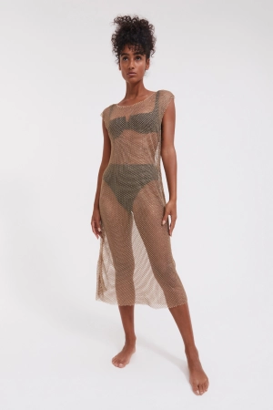 Beige Rhinestone Mesh Beach Dress