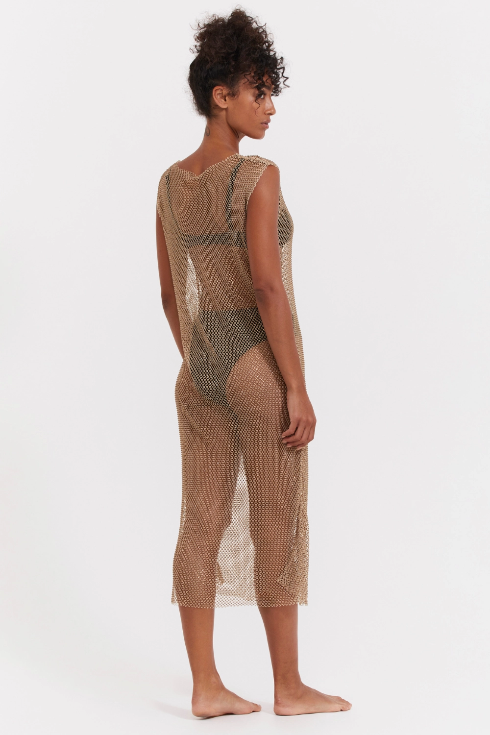 Beige Rhinestone Mesh Beach Dress