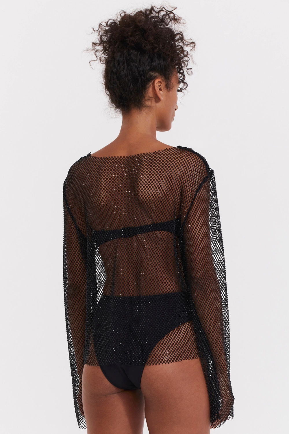 Black Rhinestone Mesh Beach Cover Up Shirt