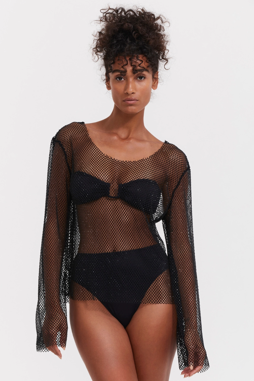 Black Rhinestone Mesh Beach Cover Up Shirt