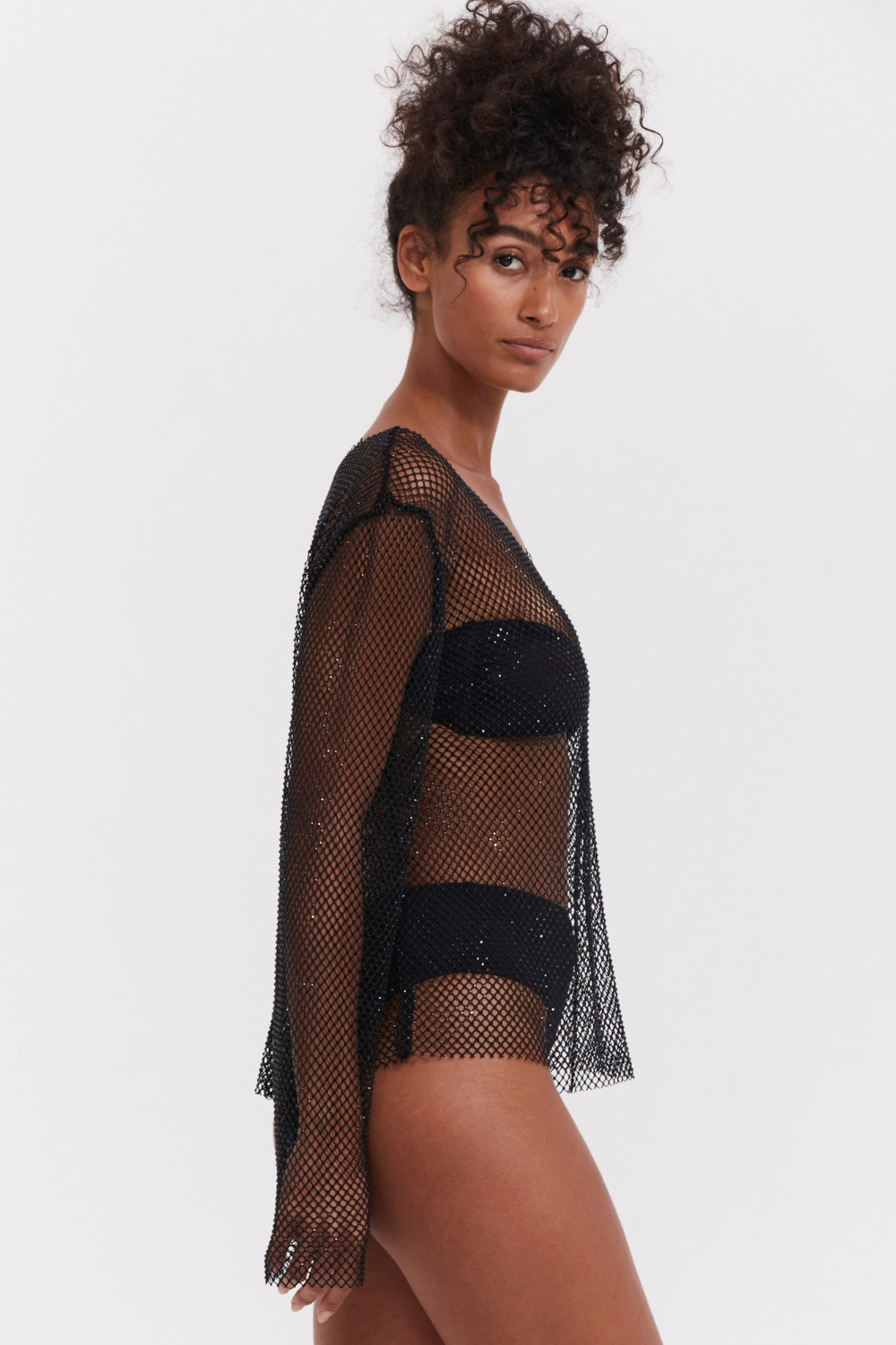 Black Rhinestone Mesh Beach Cover Up Shirt