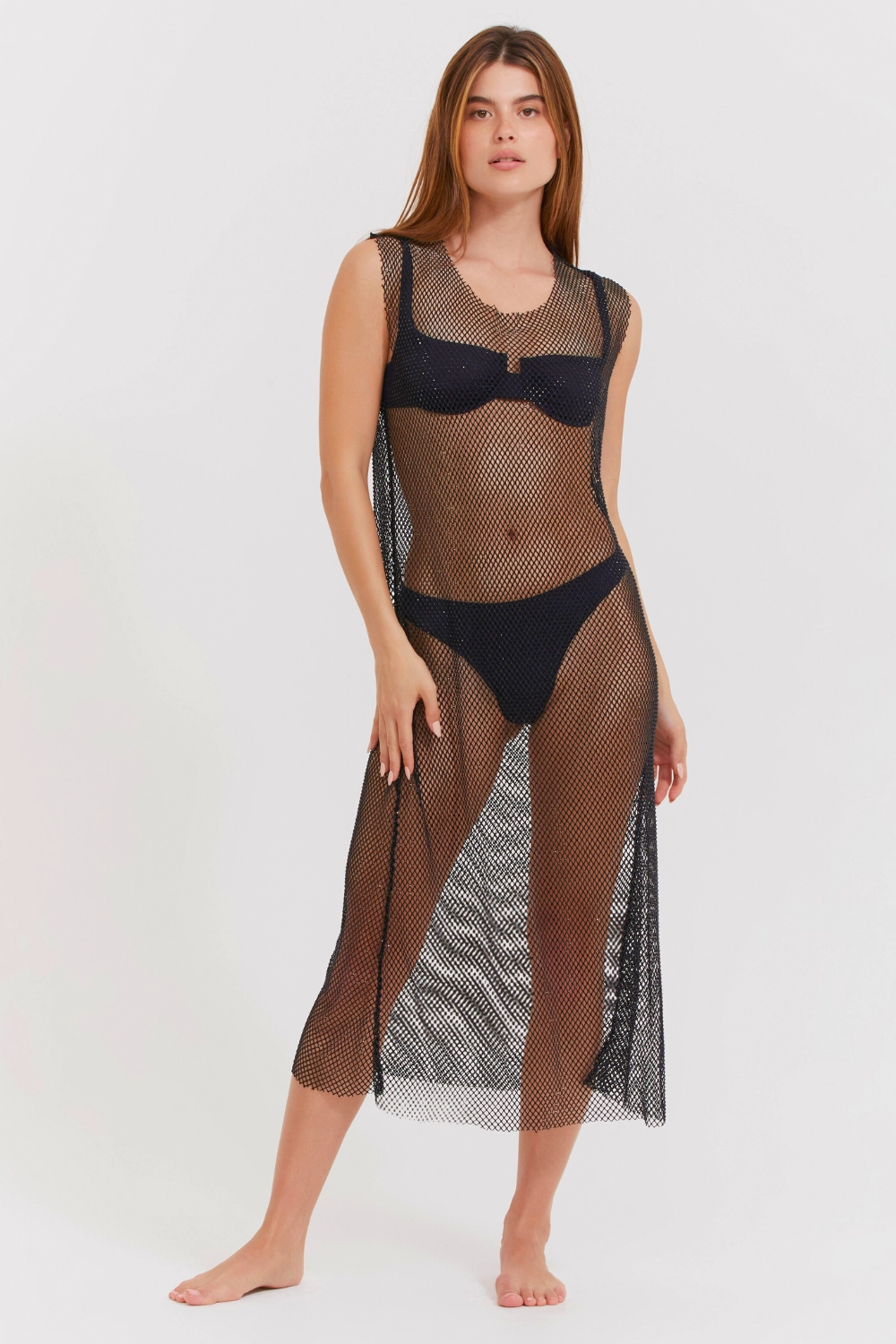 Black Rhinestone Mesh Beach Dress