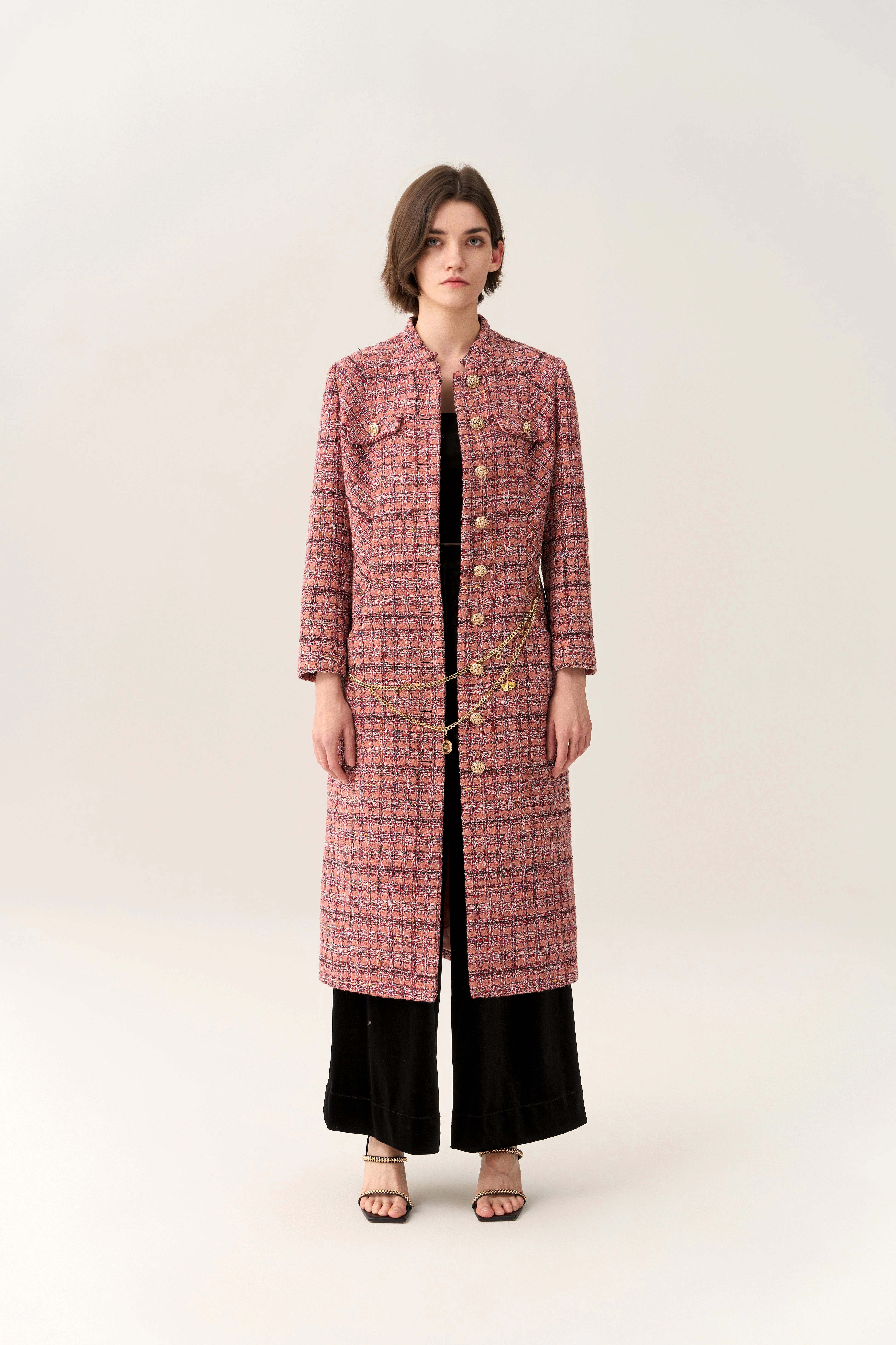 Charm-detail Chain Belt Stand Collar Tweed Dress