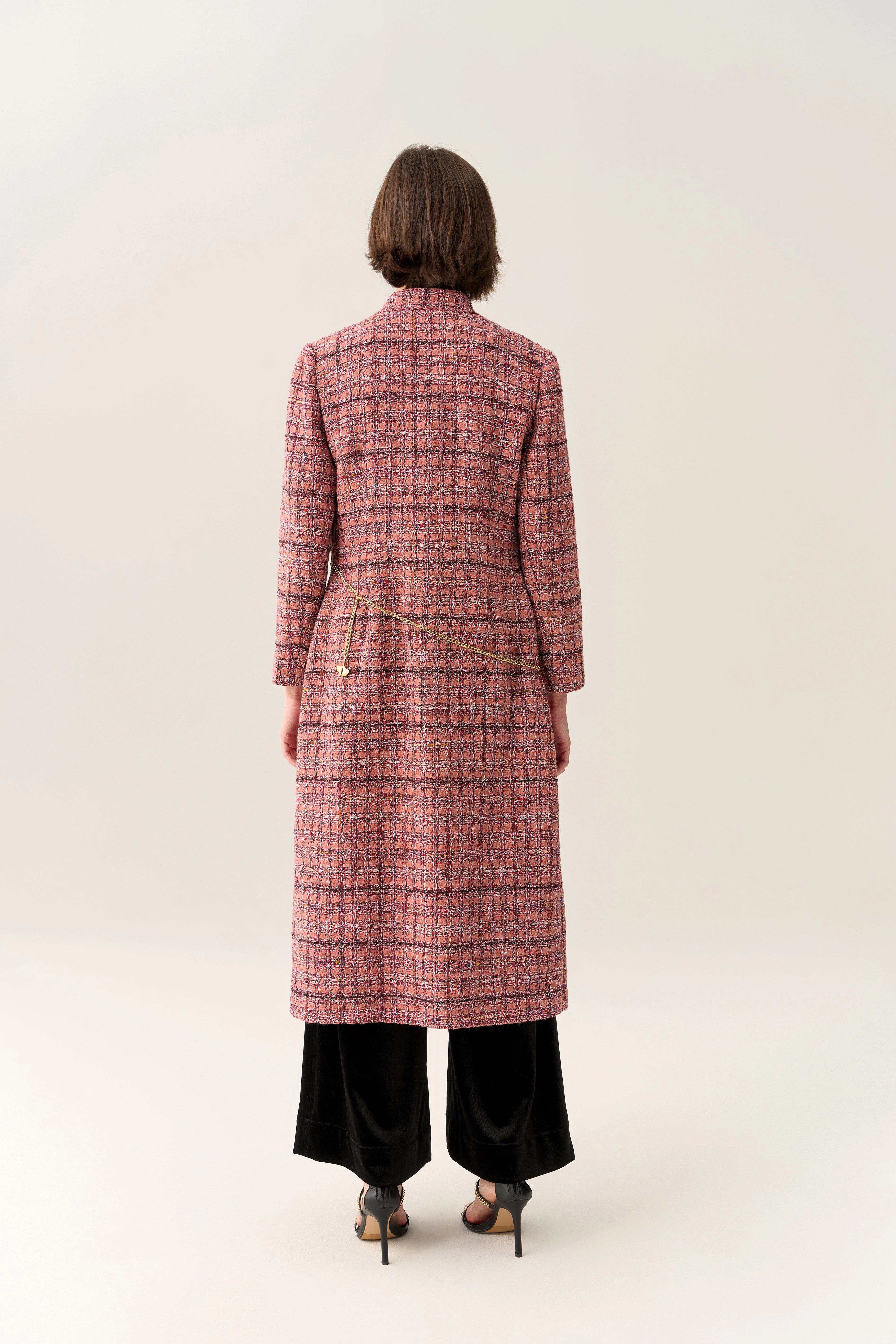 Charm-detail Chain Belt Stand Collar Tweed Dress