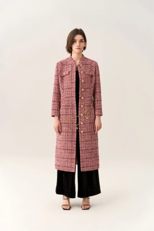 Charm-detail Chain Belt Stand Collar Tweed Dress
