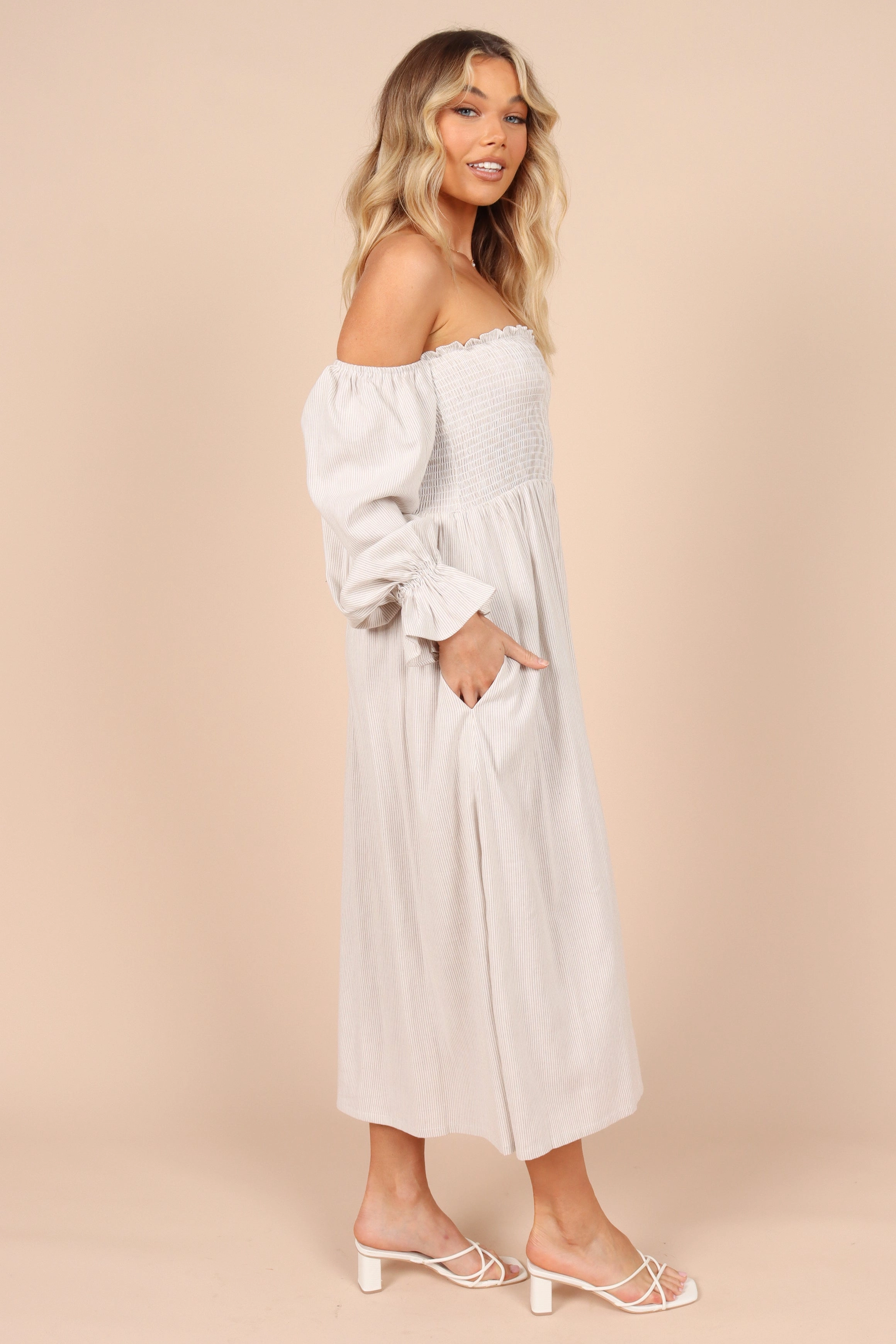 Domenica Shirred Long Sleeve Midi Dress - Beige Stripe