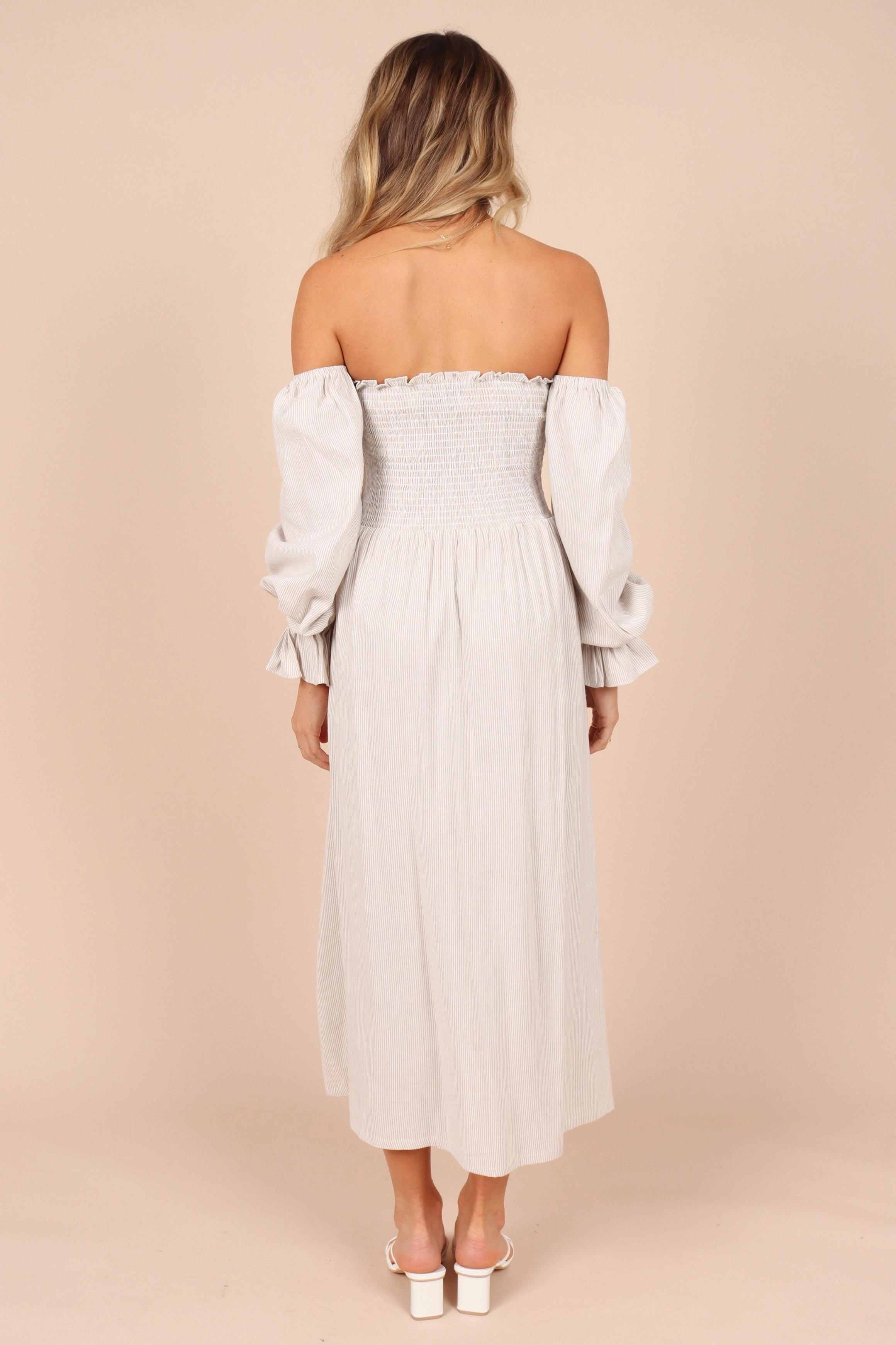 Domenica Shirred Long Sleeve Midi Dress - Beige Stripe