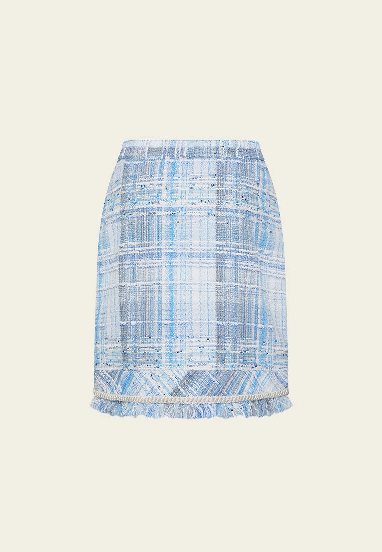 Embellished Frayed-hem Stripped Tweed Skirt