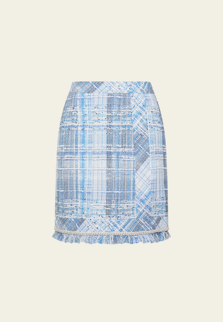 Embellished Frayed-hem Stripped Tweed Skirt