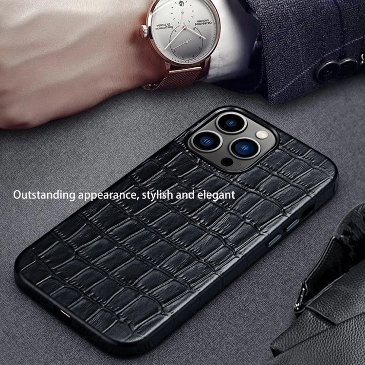 For iPhone 12 Crocodile Texture Top Layer Cowhide Leather Back Cover Shockproof Case