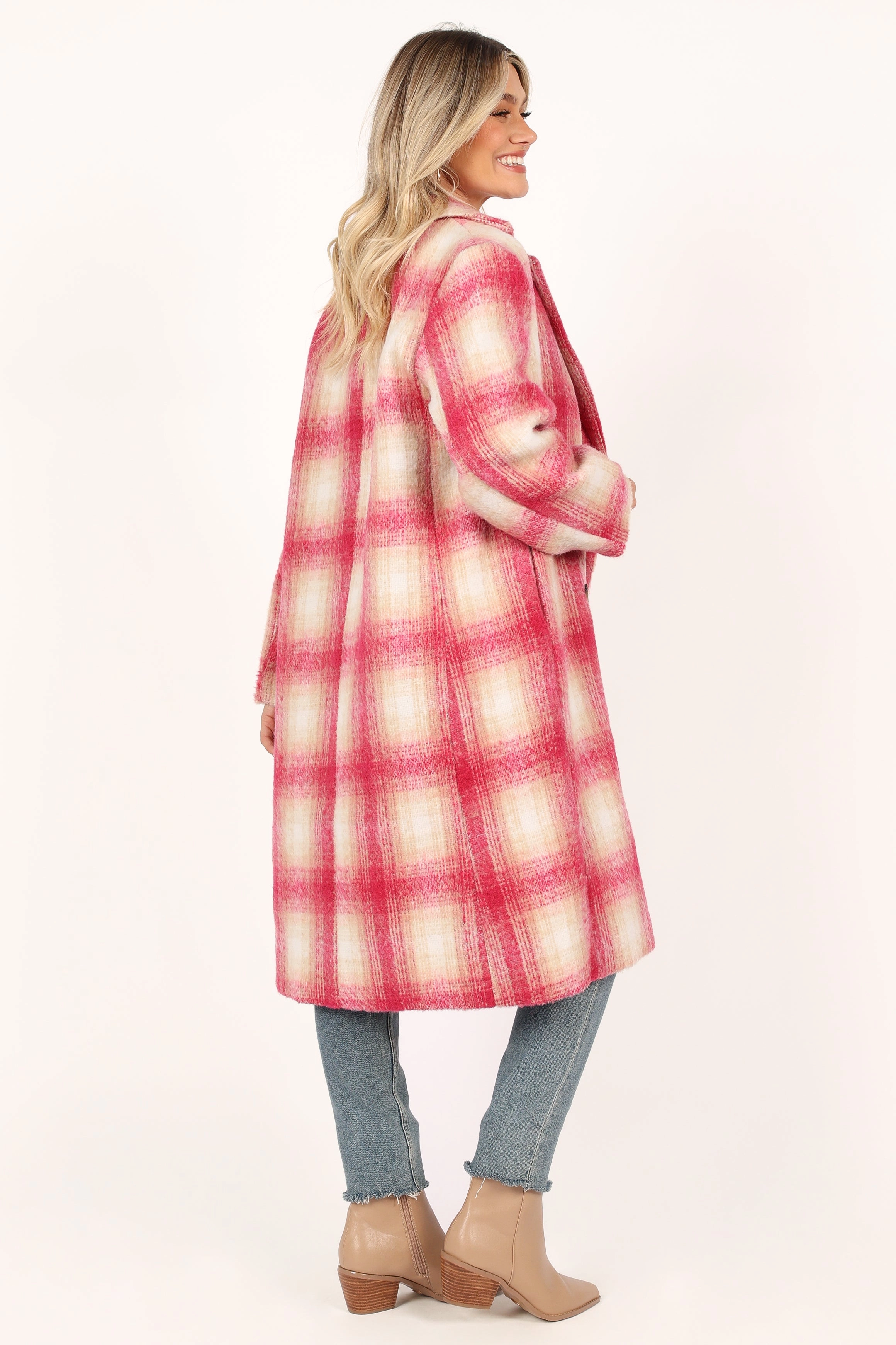 Gianna Button Front Plaid Long Coat - Pink