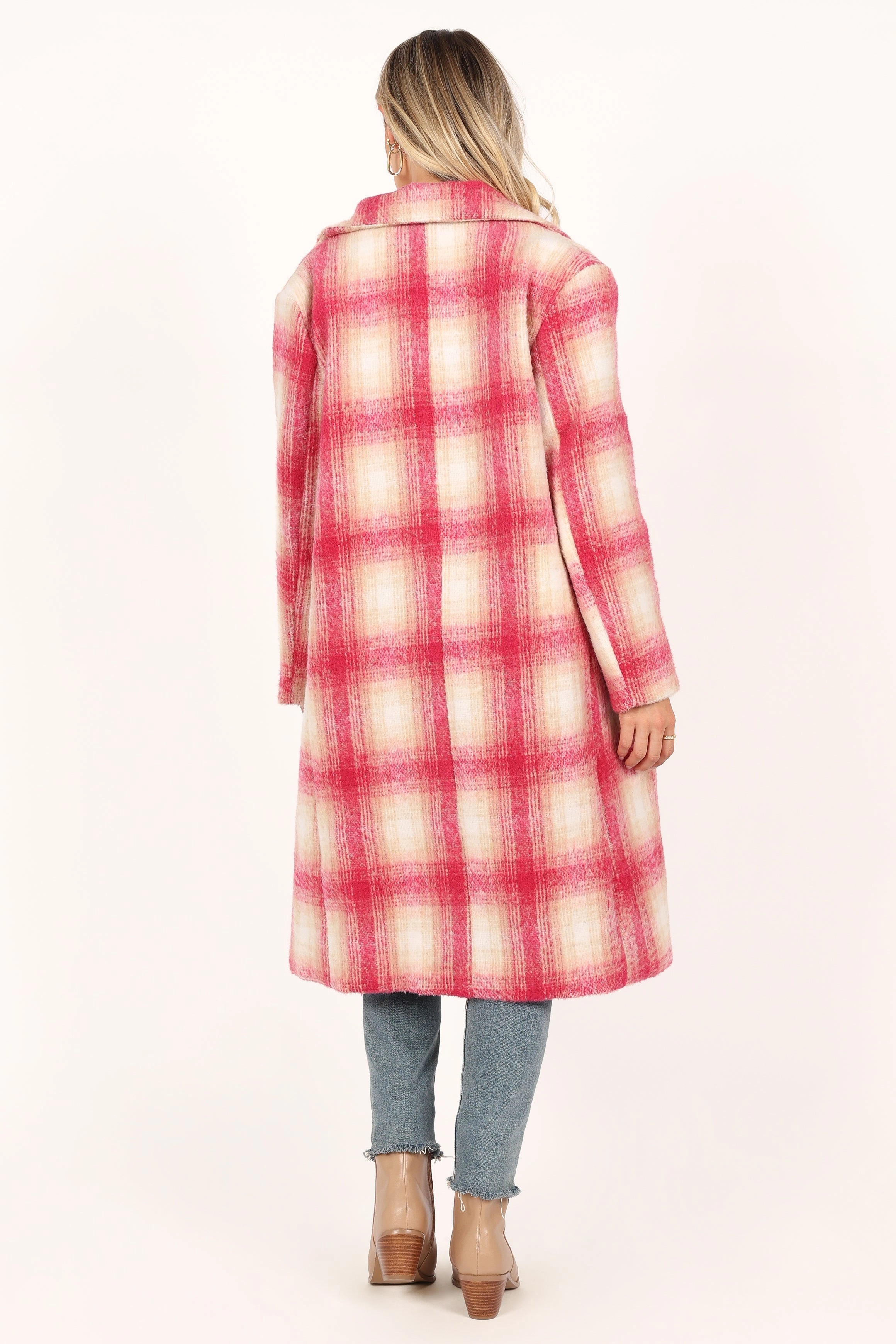 Gianna Button Front Plaid Long Coat - Pink