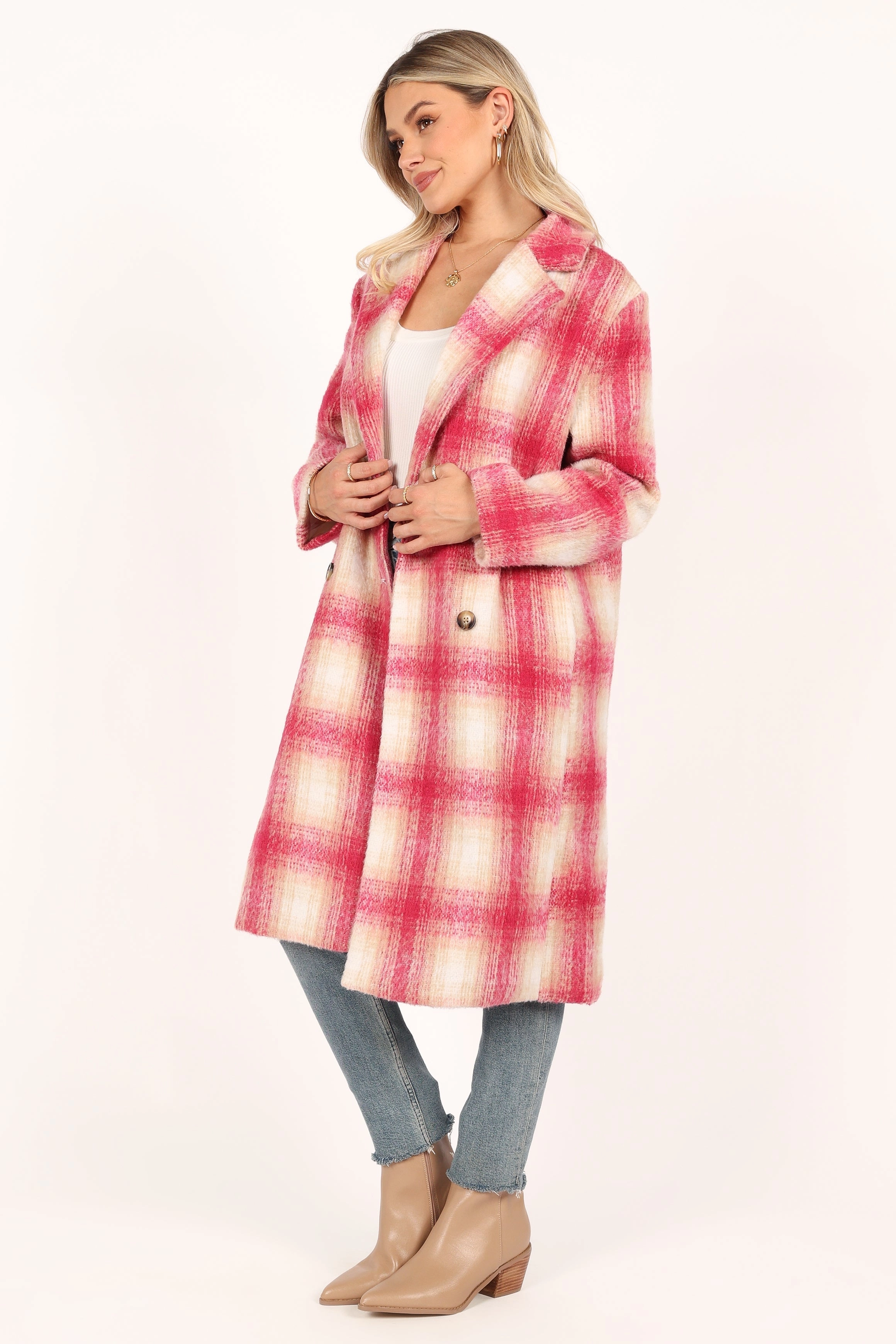 Gianna Button Front Plaid Long Coat - Pink