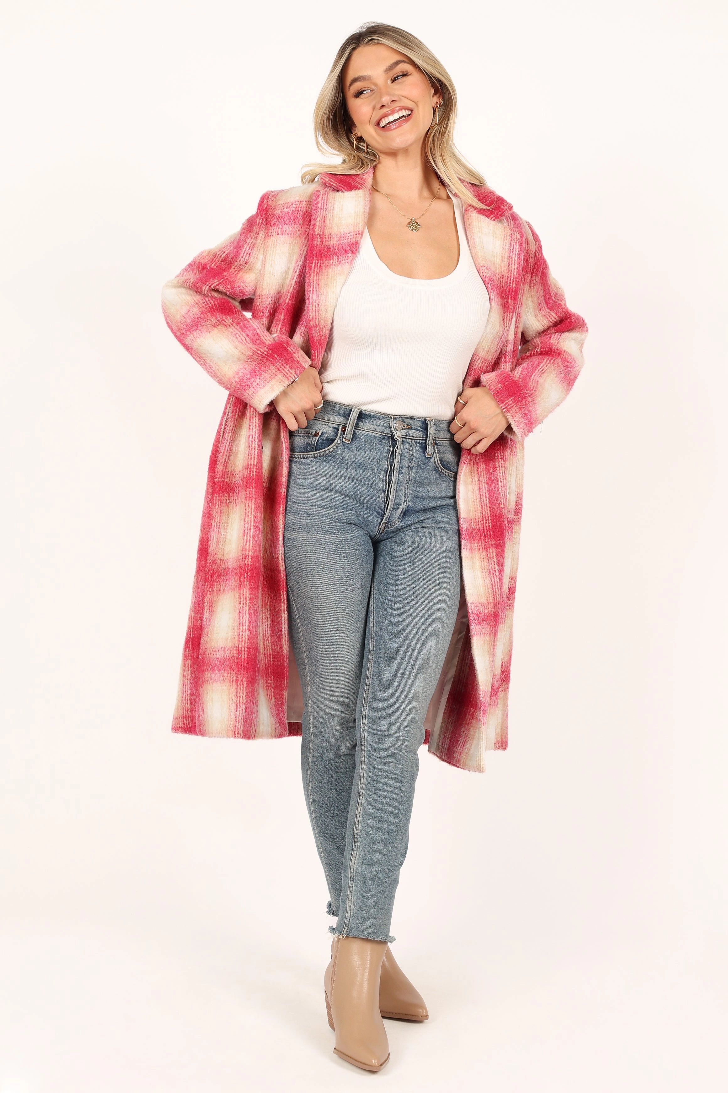 Gianna Button Front Plaid Long Coat - Pink