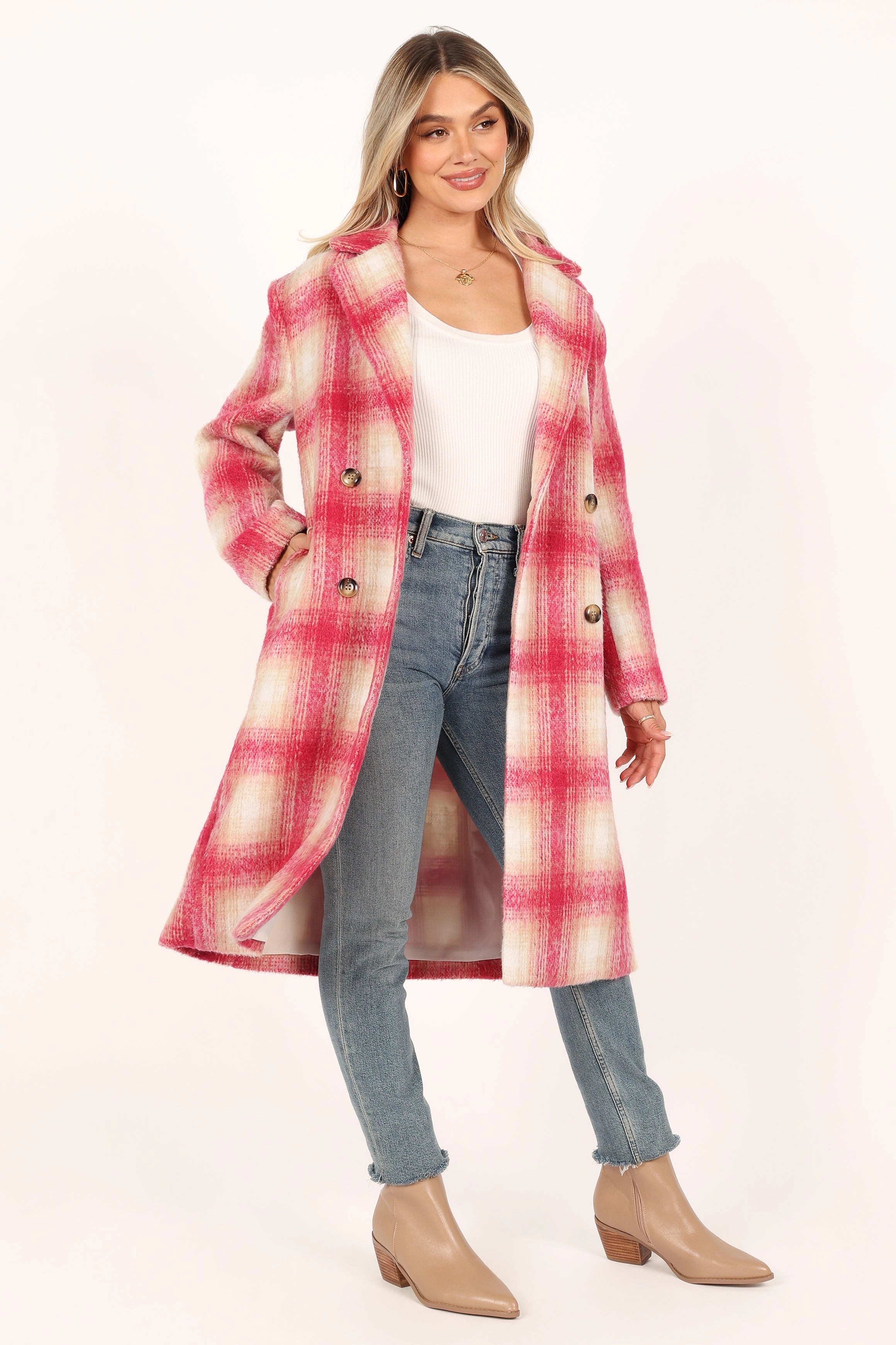 Gianna Button Front Plaid Long Coat - Pink