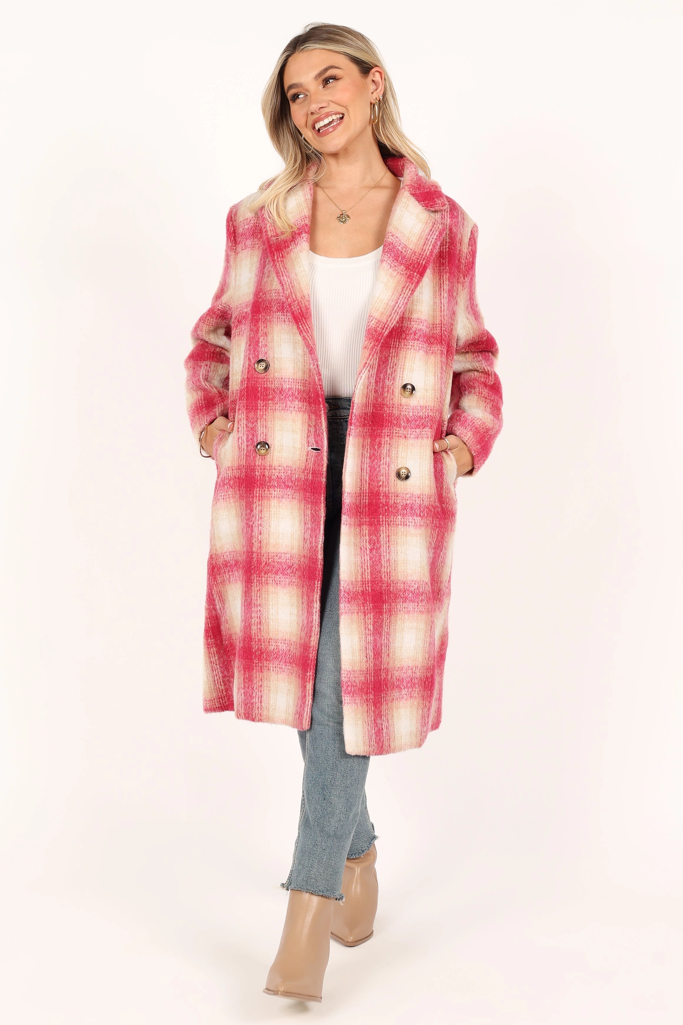 Gianna Button Front Plaid Long Coat - Pink