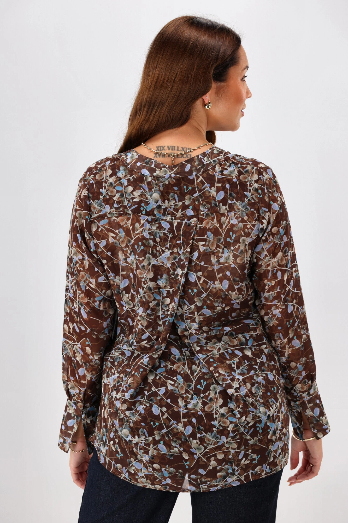 Gloss the Label Cecelia Chiffon Neck Tie Blouse Chocolate Floral Print