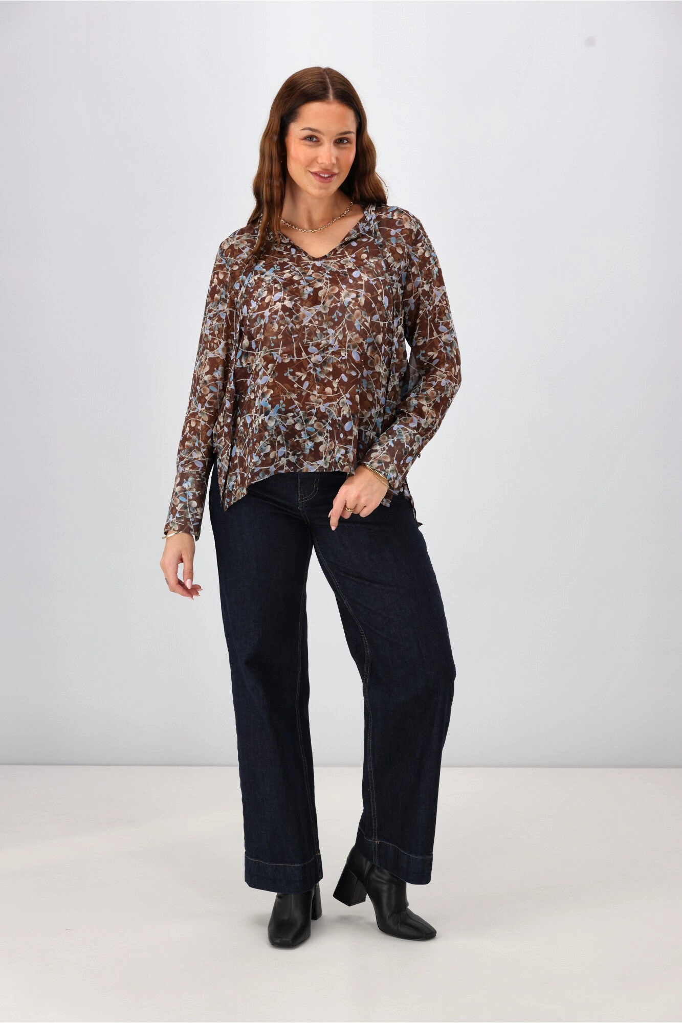 Gloss the Label Cecelia Chiffon Neck Tie Blouse Chocolate Floral Print