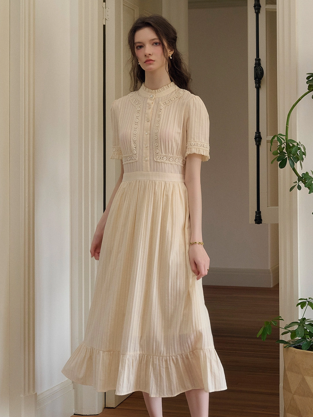 Judy Stand Collar Embroidery Cotton Dress