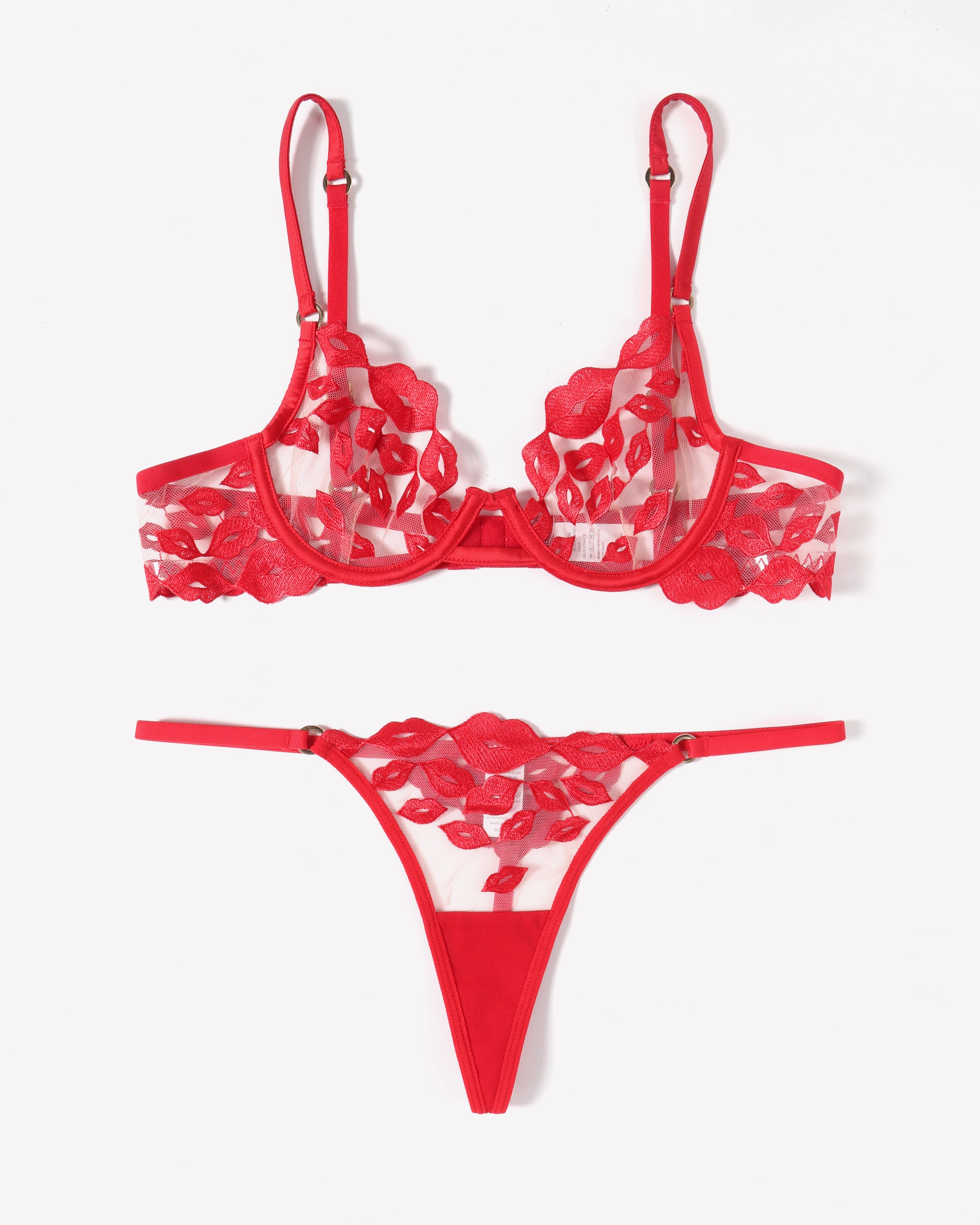 Kiss Print Embroidery Garter Lingerie Sets