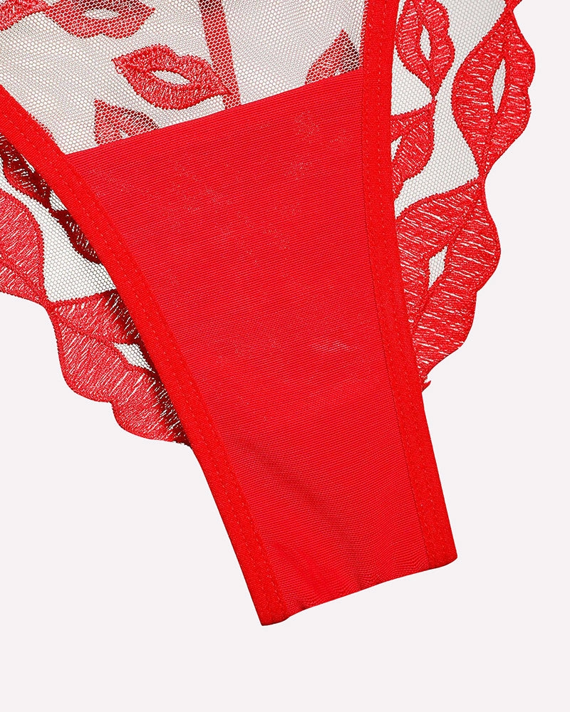 Kiss Print Embroidery Garter Lingerie Sets