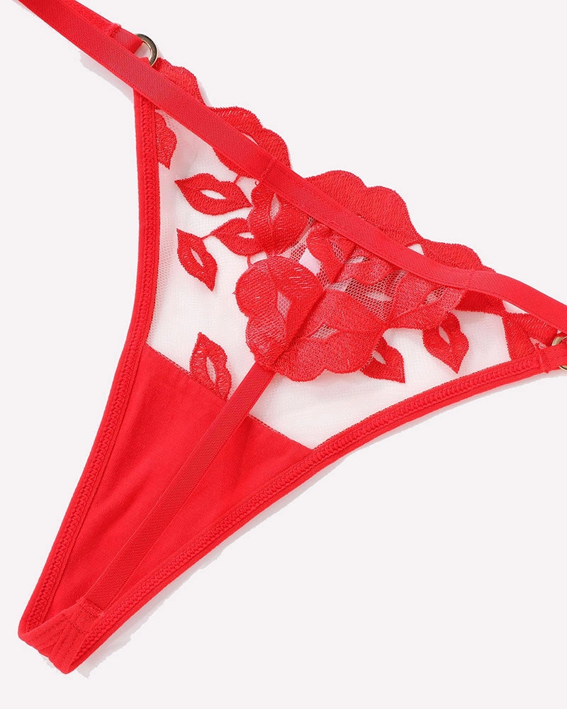 Kiss Print Embroidery Garter Lingerie Sets