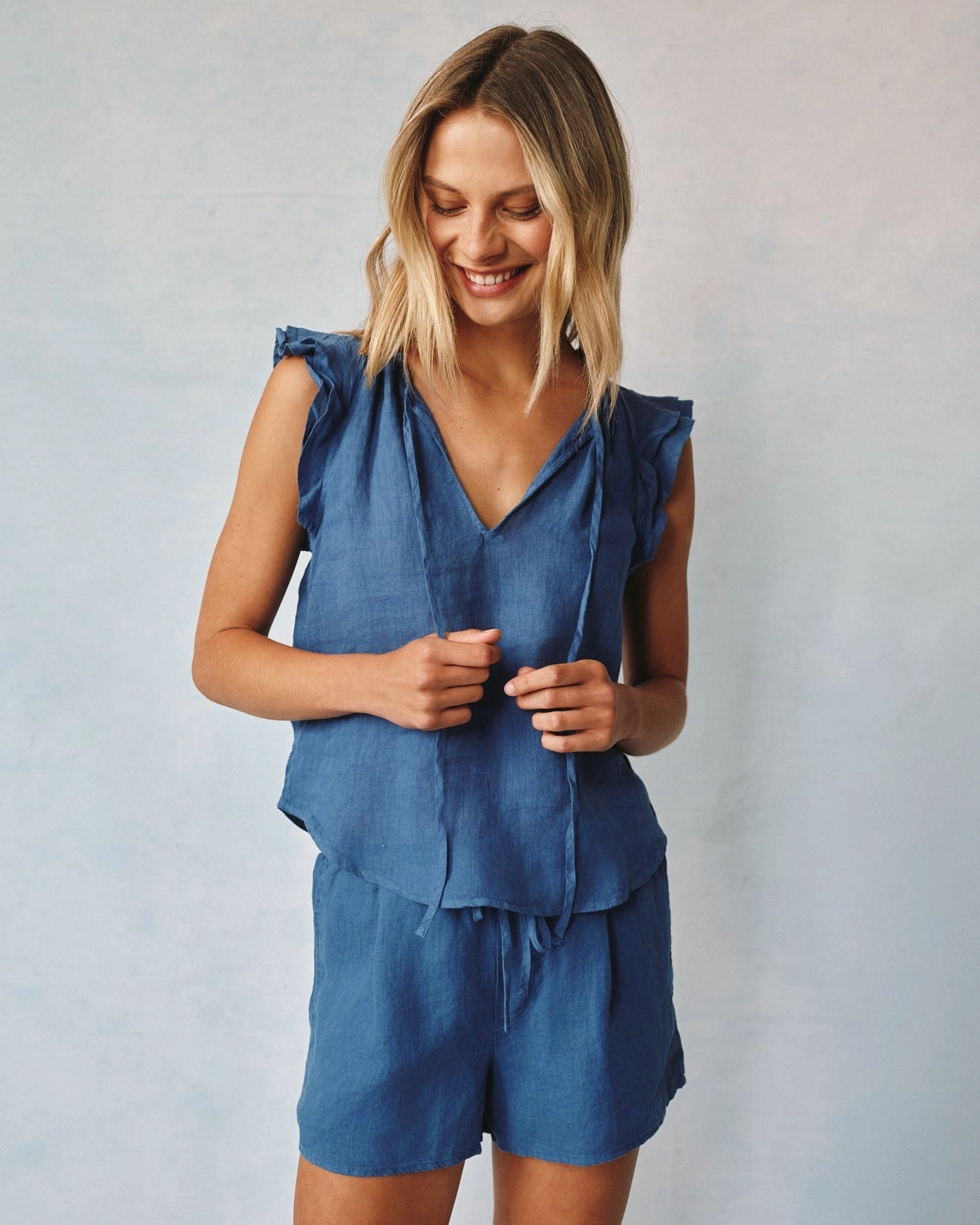 Linen Ruffle Sleeve Top - Antique Indigo